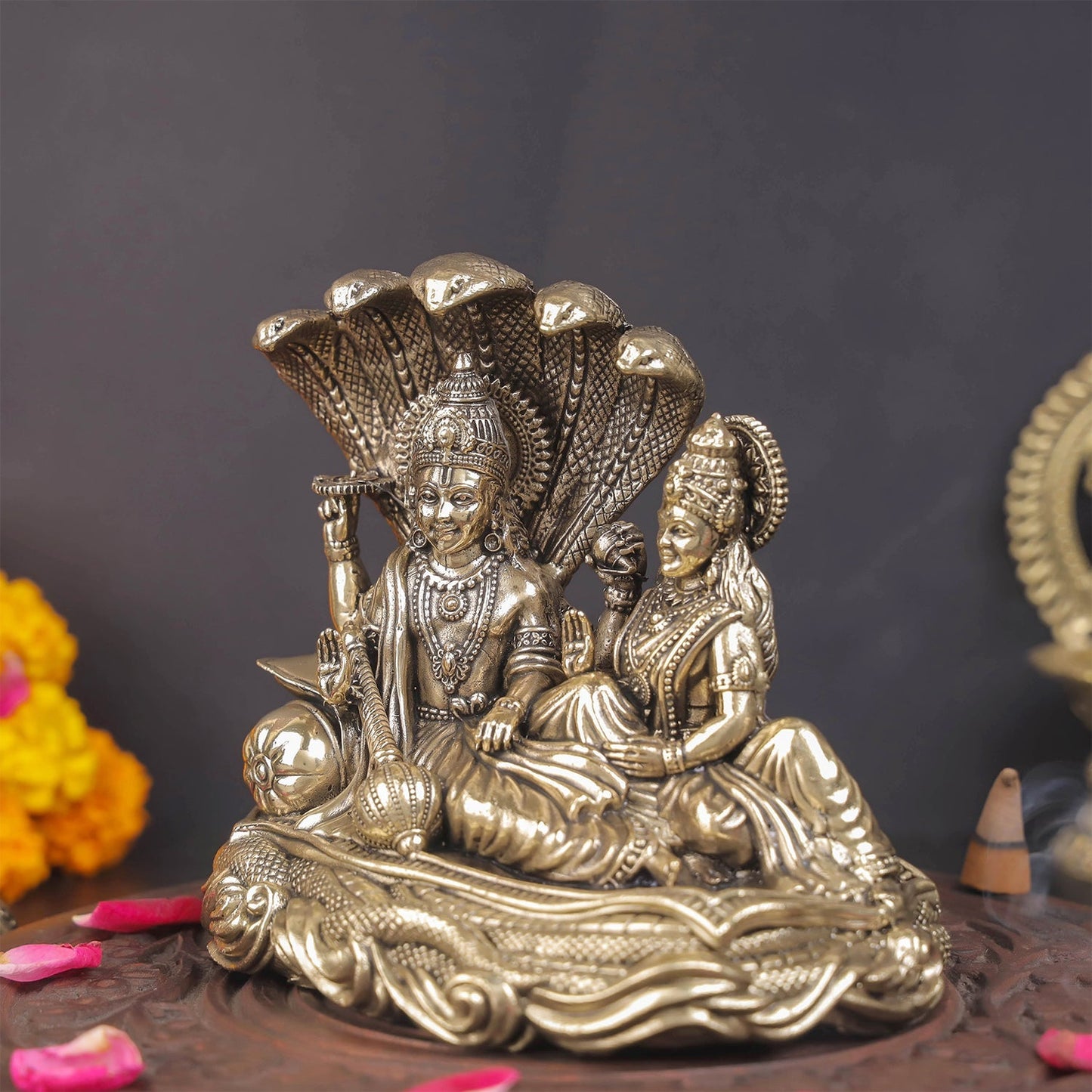 Brass Superfine Vishnu Lakshmi Idol Under Serpent 5 Inch
