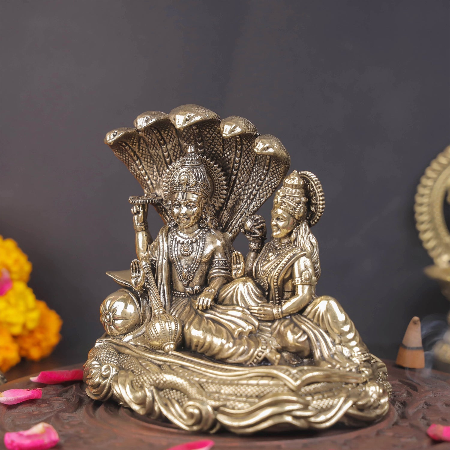 Brass Superfine Vishnu Lakshmi Idol Under Serpent 5 Inch - Image 4