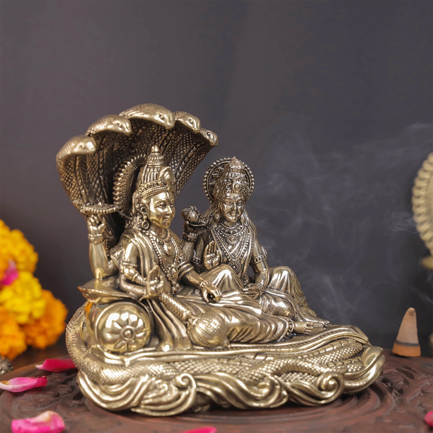 Brass Superfine Vishnu Lakshmi Idol Under Serpent 5 Inch - Image 5