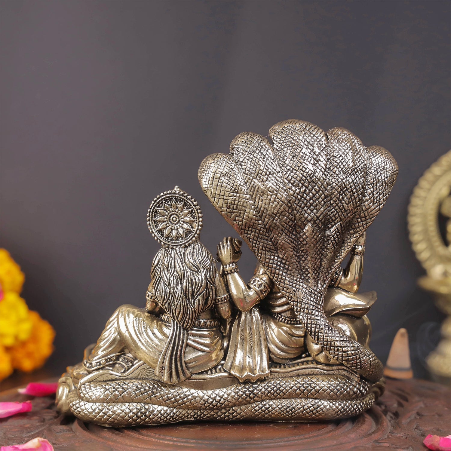 Brass Superfine Vishnu Lakshmi Idol Under Serpent 5 Inch - Image 6