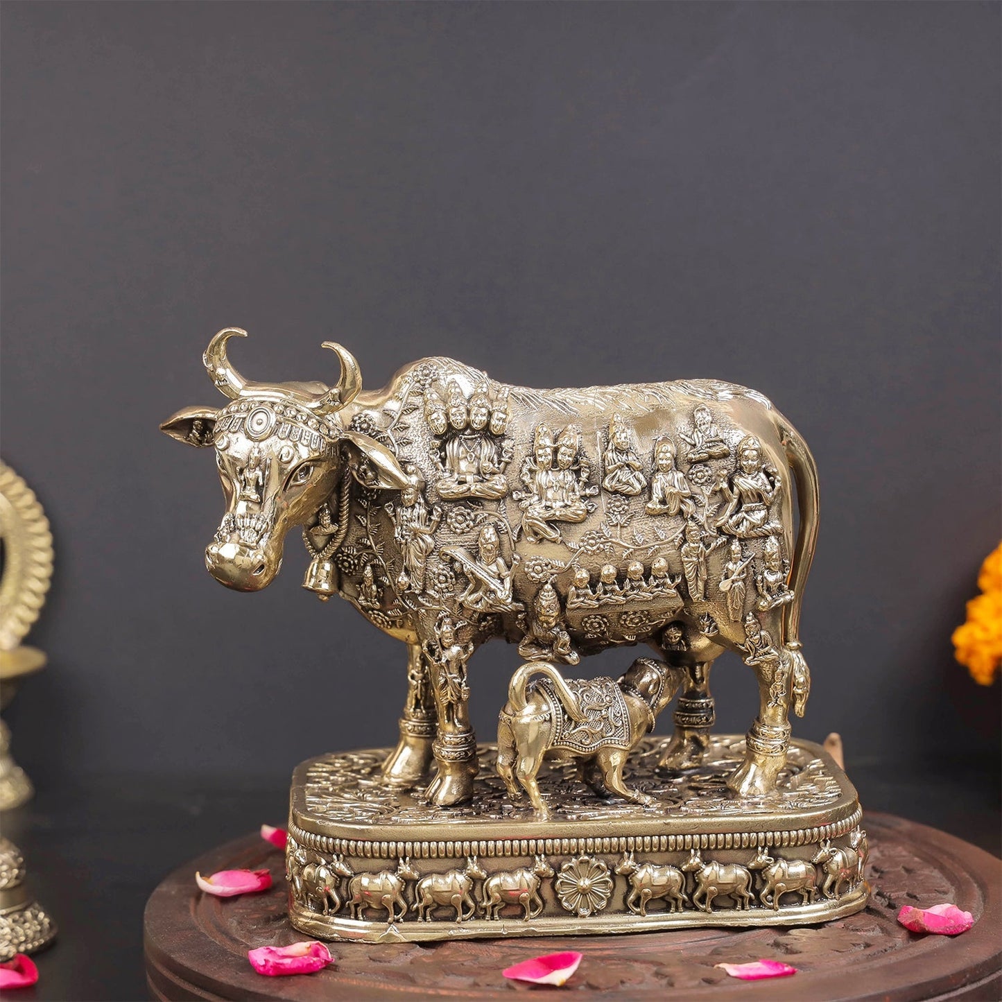 Brass Superfine Kamadhenu Cow with Engraved Gods and Goddesses 4 Inch