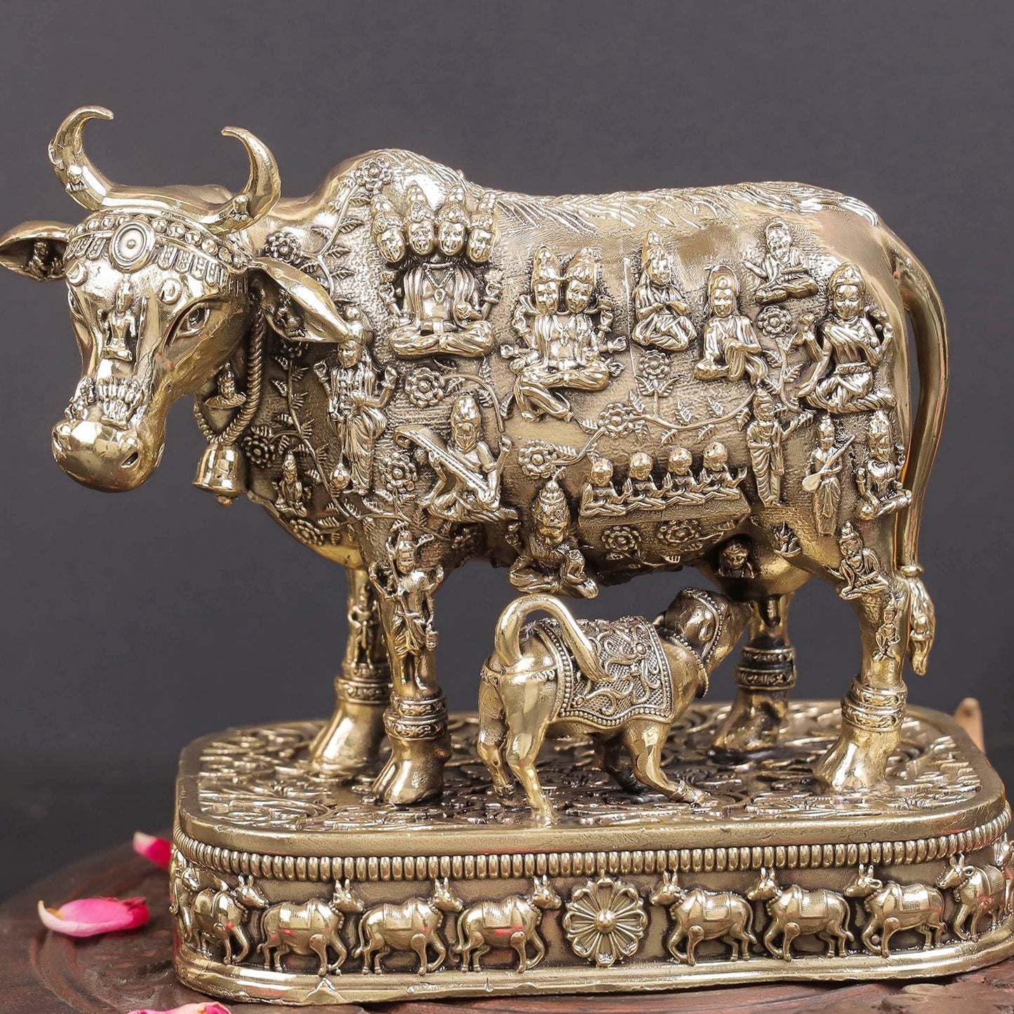 Brass Superfine Kamadhenu Cow with Engraved Gods and Goddesses 6 Inches