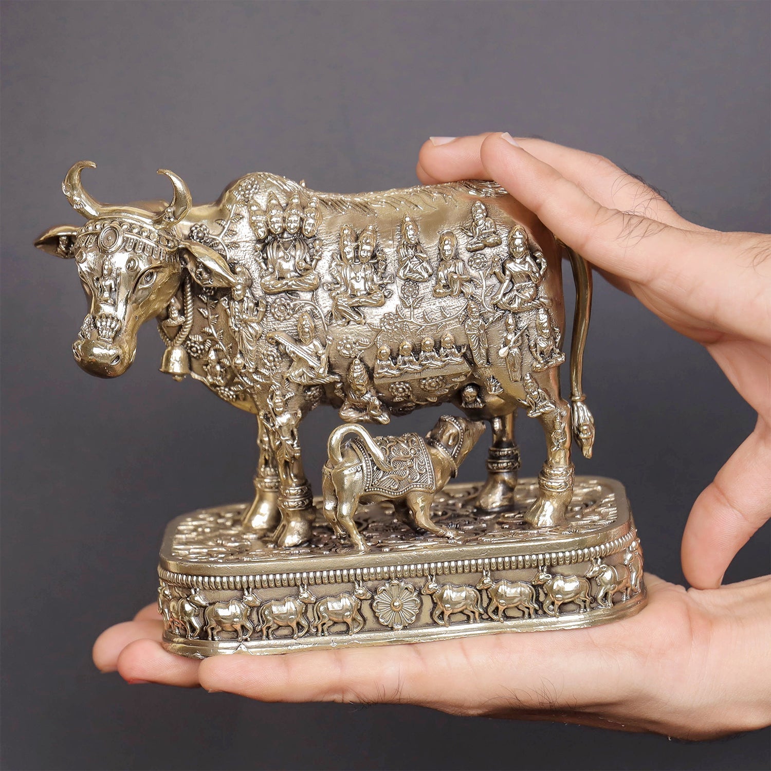 Brass Superfine Kamadhenu Cow with Engraved Gods and Goddesses 6 Inches - Image 3