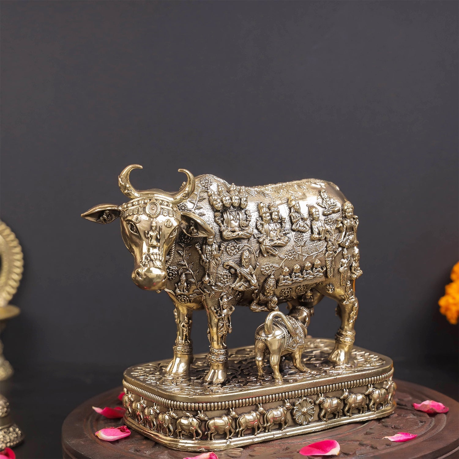 Brass Superfine Kamadhenu Cow with Engraved Gods and Goddesses 6 Inches - Image 4