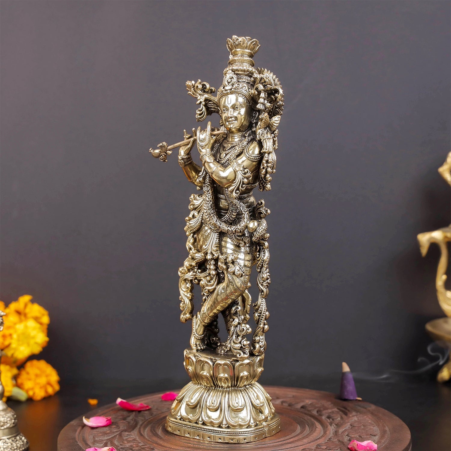 Brass Antique Lord Krishna Idol 10" - Image 4