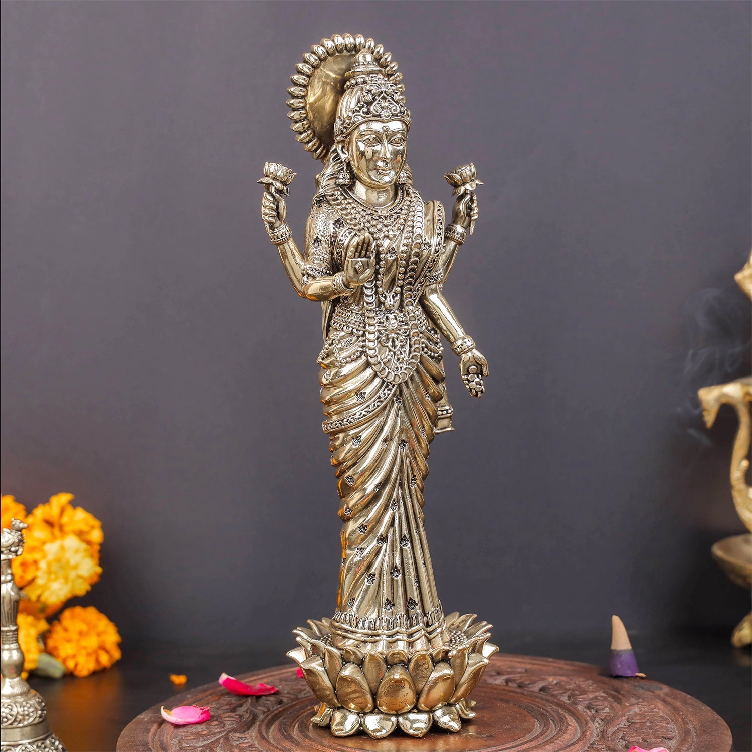 Brass Superfine Standing Goddess Lakshmi Idol 10 Inch - Image 5