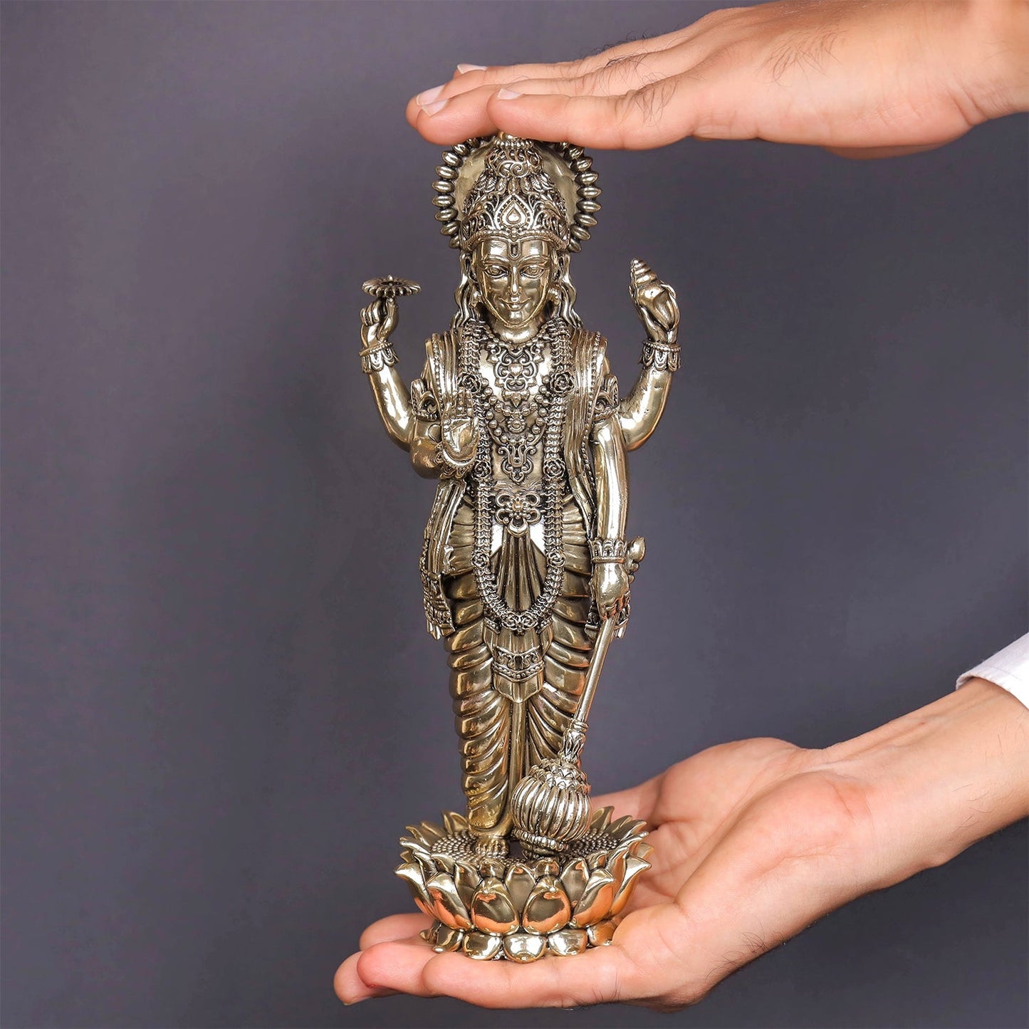 Brass Sueprfine Vishnu Idol Standing On Lotus 10 Inches