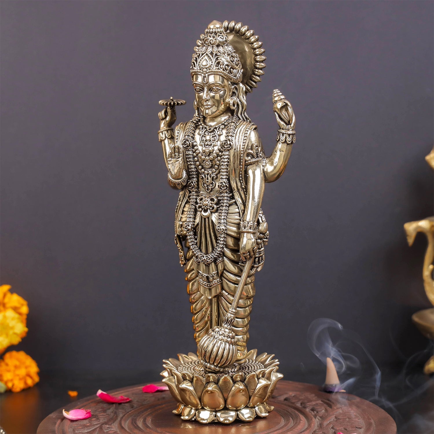 Brass Sueprfine Vishnu Idol Standing On Lotus 10 Inches - Image 4
