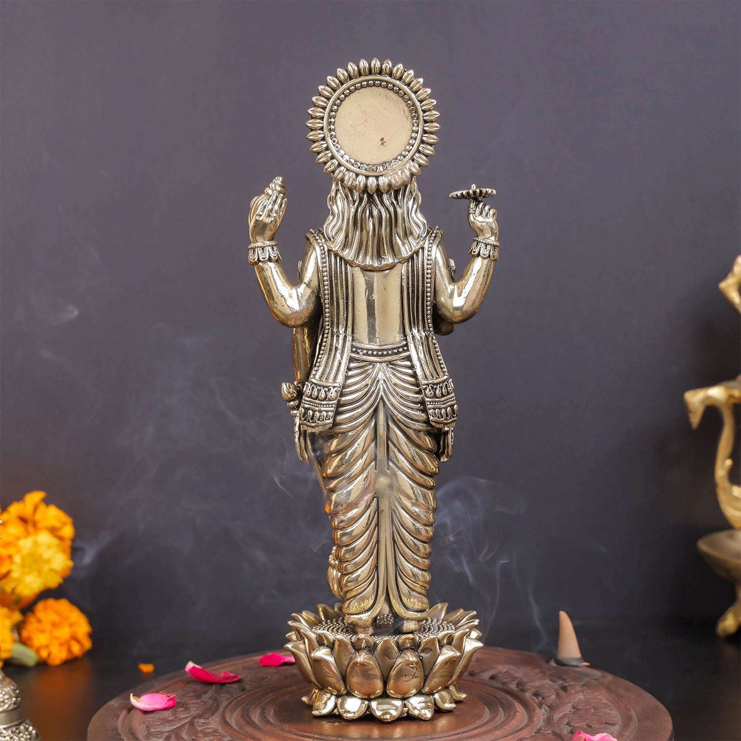 Brass Sueprfine Vishnu Idol Standing On Lotus 10 Inches - Image 6