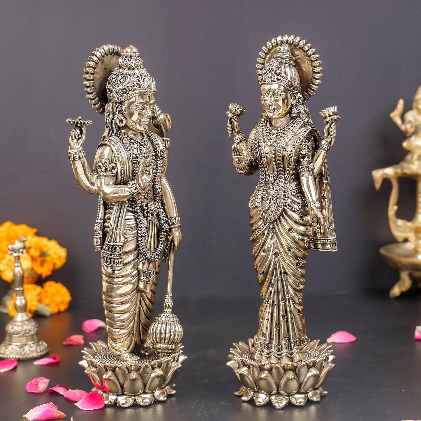 Brass Superfine Standing Vishnu Lakshmi Idol 10 Inches