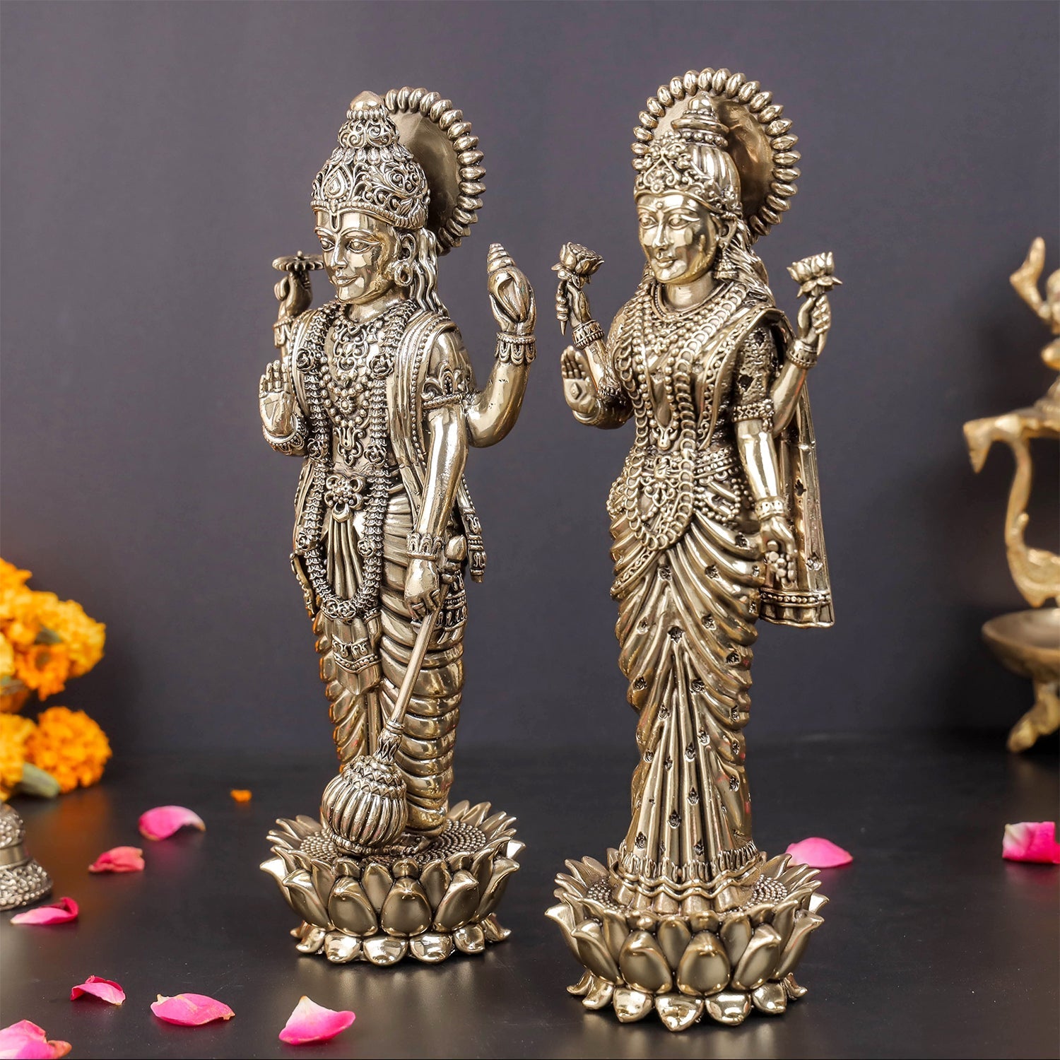 Brass Superfine Standing Vishnu Lakshmi Idol 10 Inches - Image 4