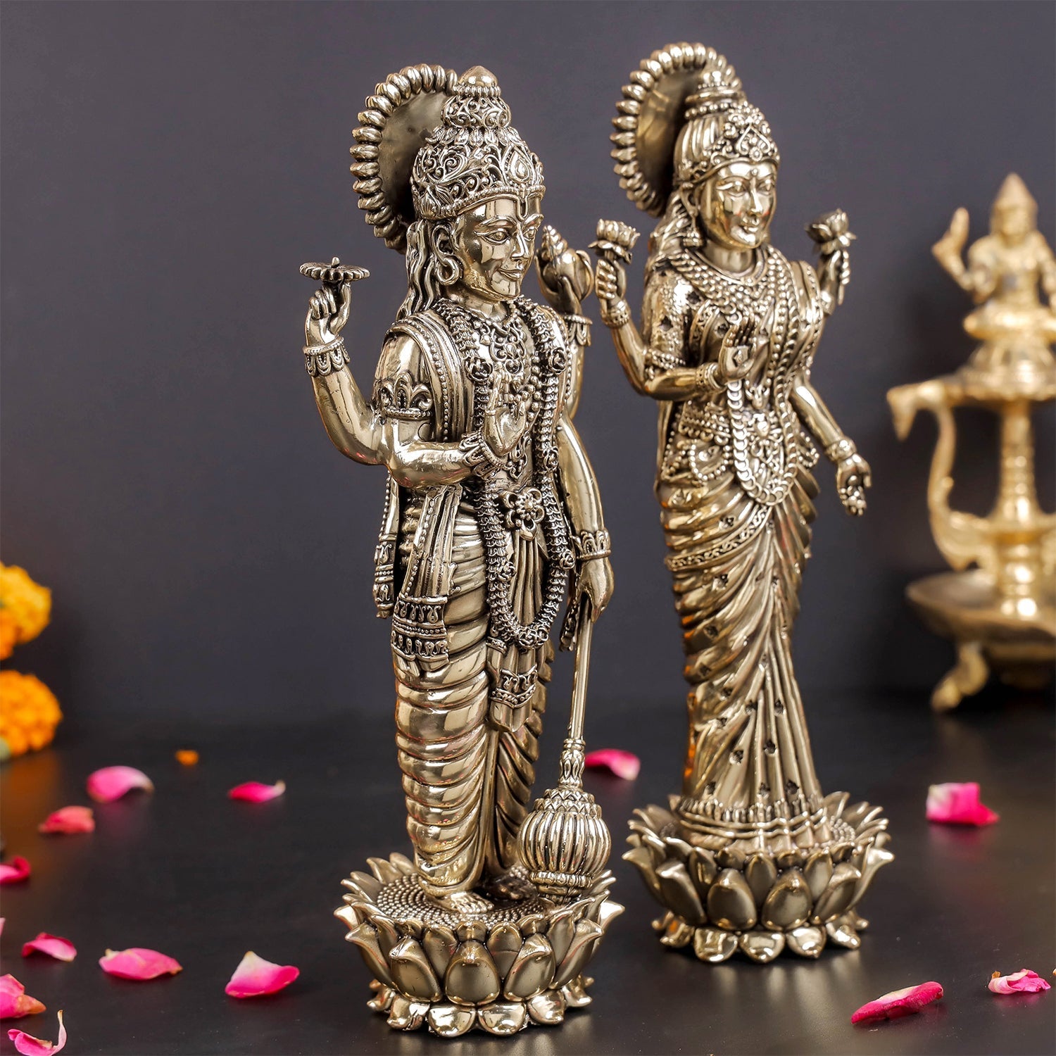 Brass Superfine Standing Vishnu Lakshmi Idol 10 Inches - Image 5
