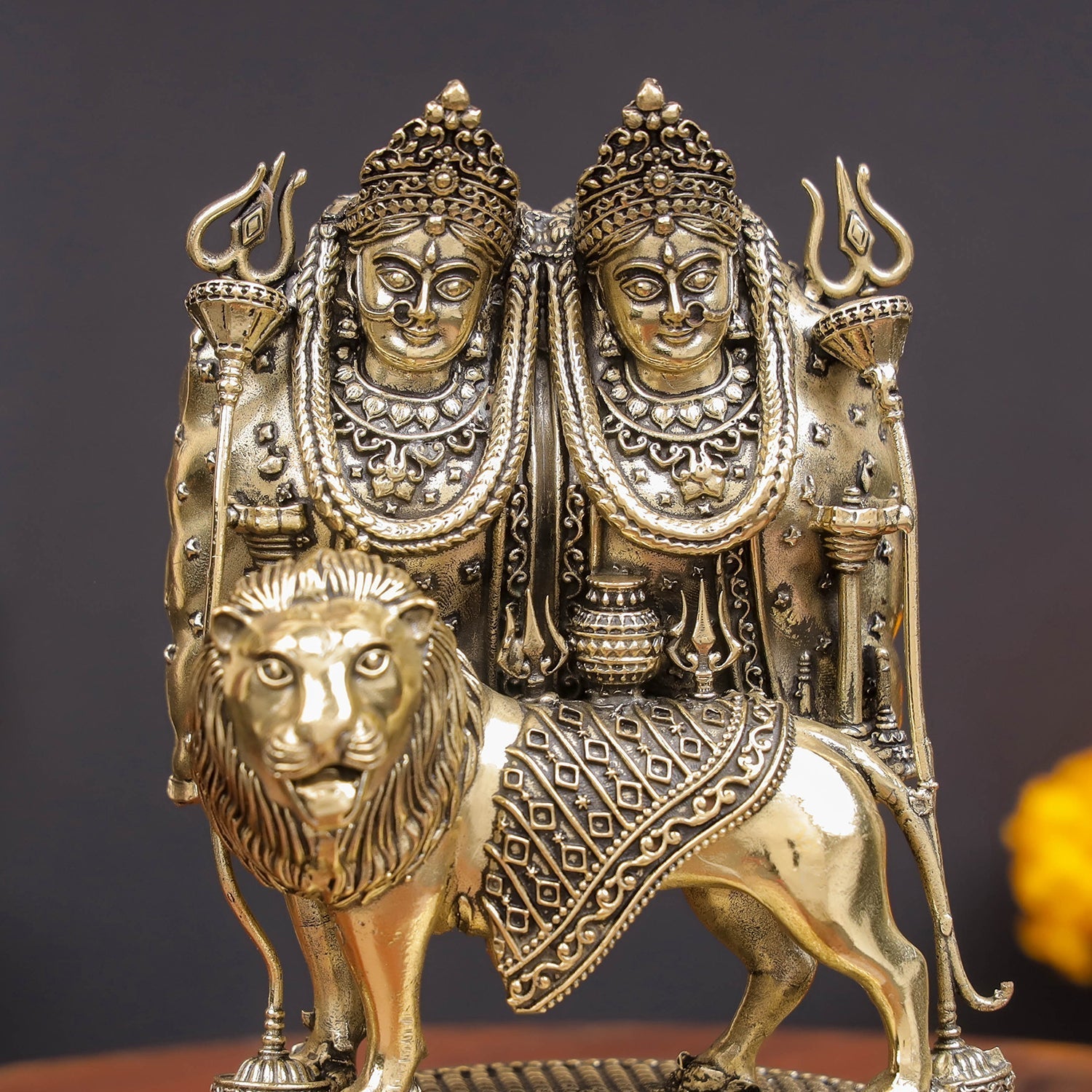 Brass Superfine Kaila Devi Chamunda Mata on Lion Idol 4.5 Inch - Image 2