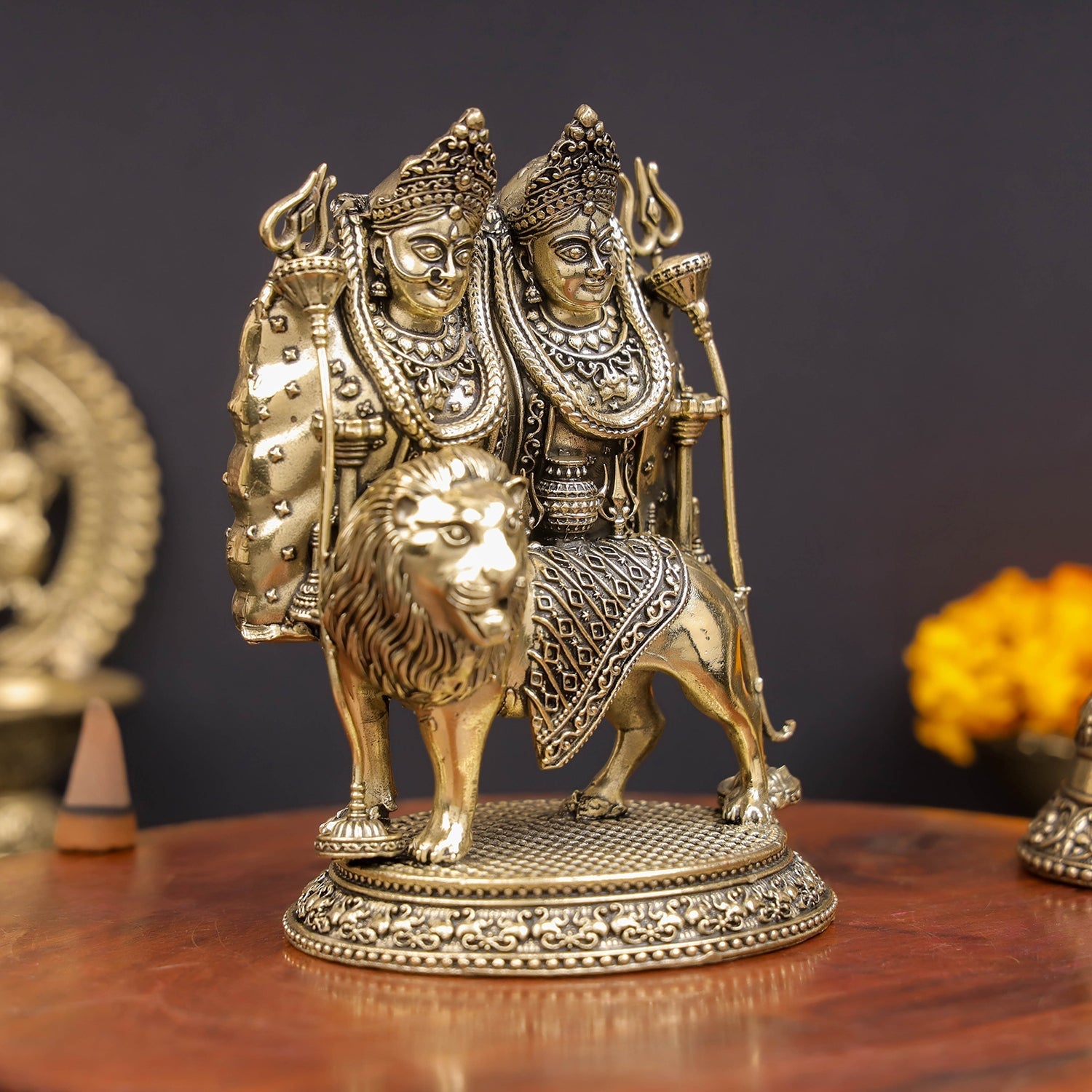 Brass Superfine Kaila Devi Chamunda Mata on Lion Idol 4.5 Inch - Image 4