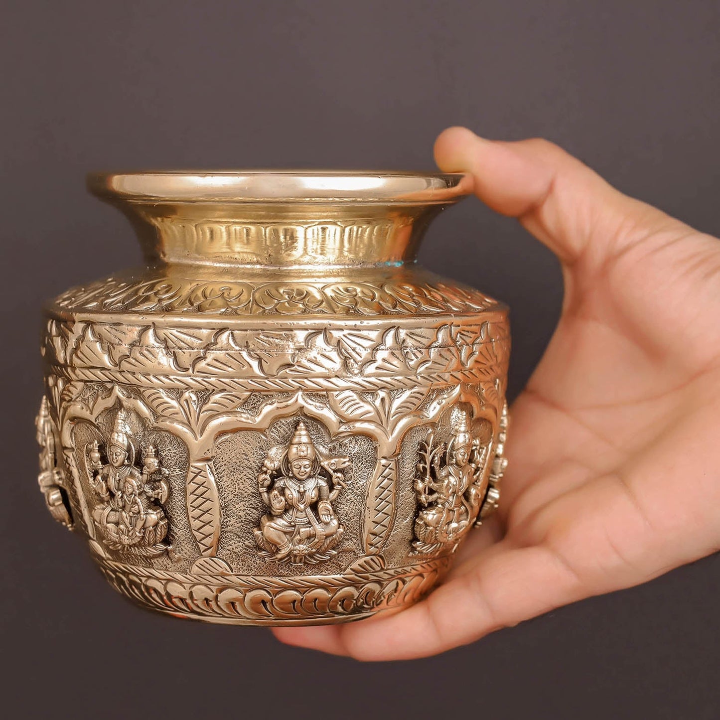 Brass Superfine Ashtalakshmi Kalash Handcrafted Divine Pot 4.5 Inches