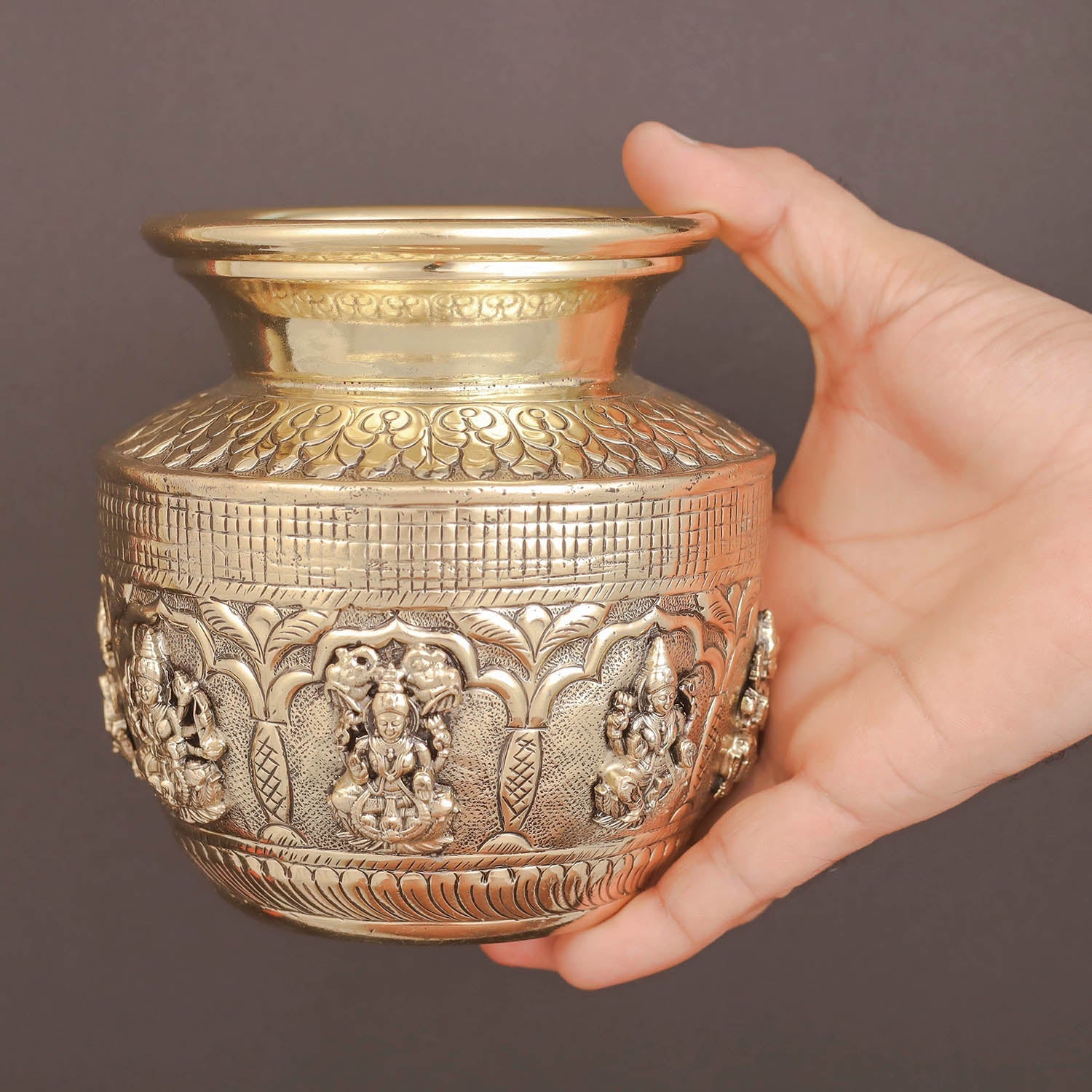 Brass Superfine Ashtalakshmi Kalash Intricately Handcrafted 5 Inches - Image 3