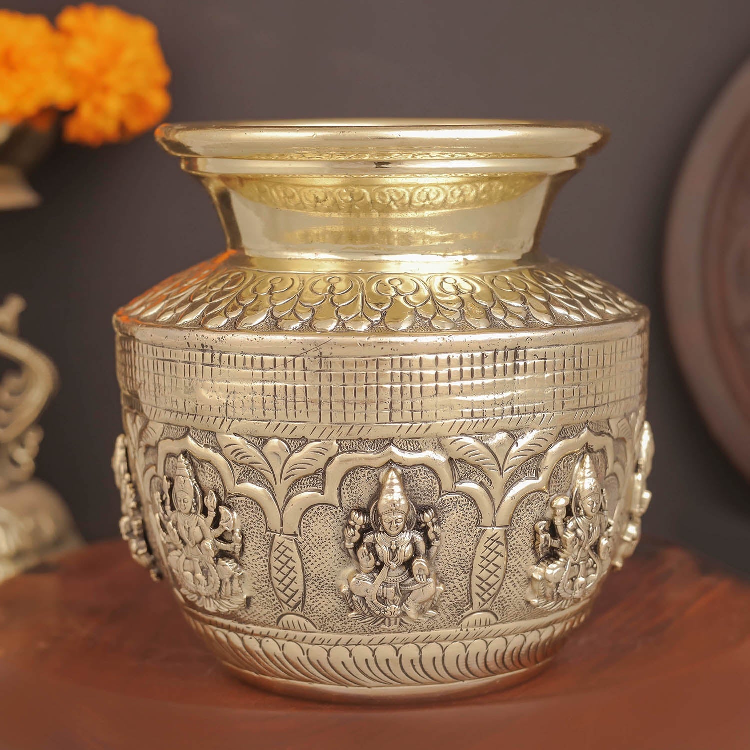 Brass Superfine Ashtalakshmi Kalash Intricately Handcrafted 5 Inches - Image 4