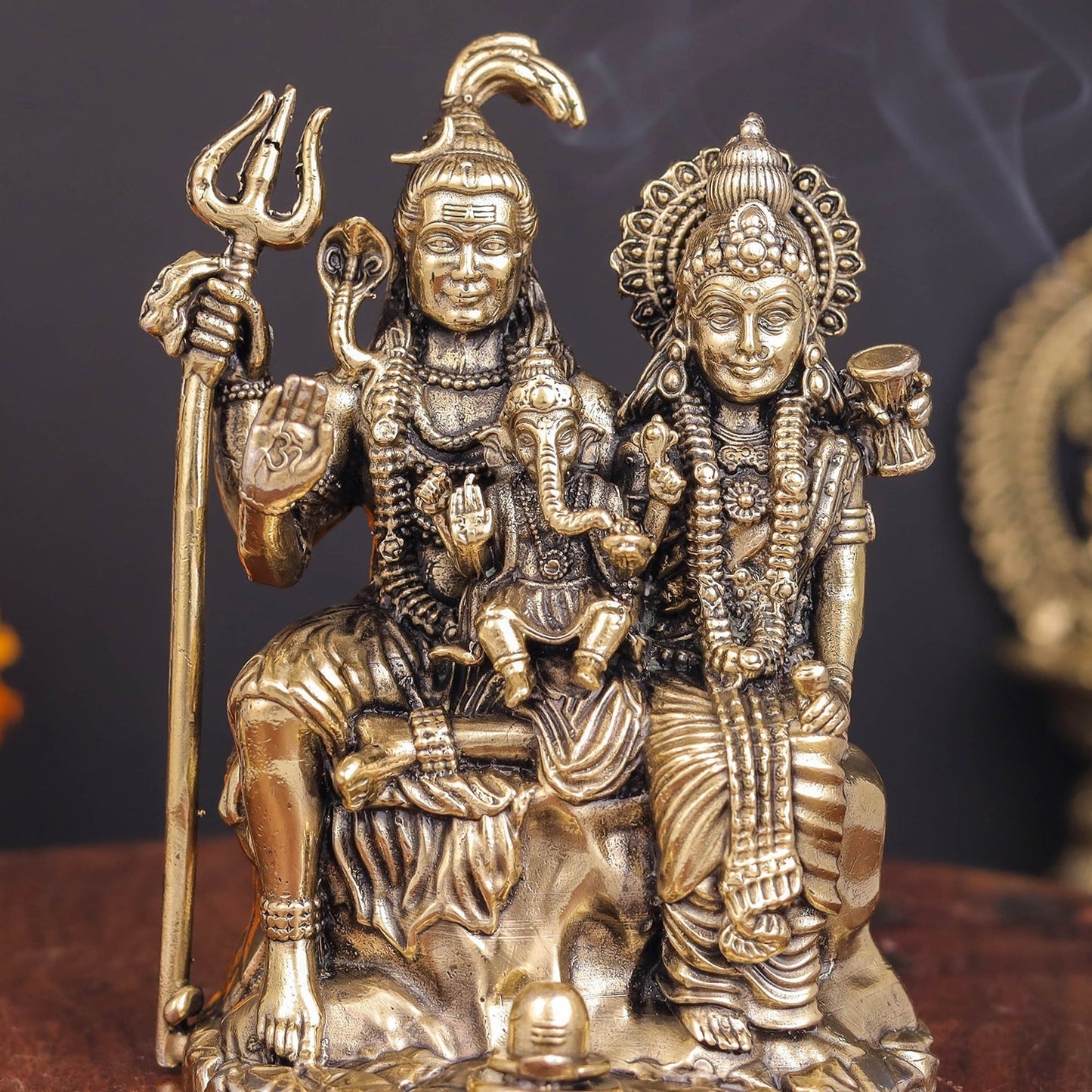 Brass Superfine Shiva and Parvati With Ganesha Idol 4 Inch
