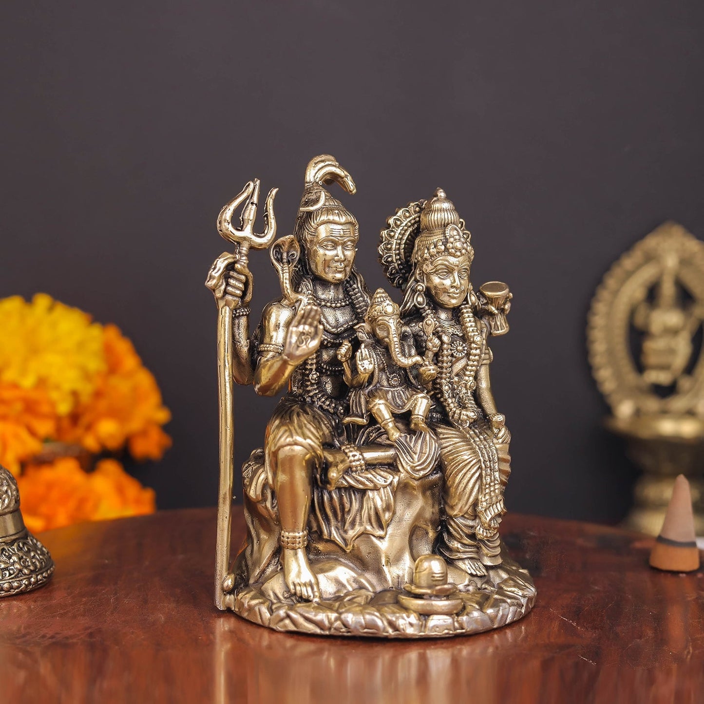 Brass Superfine Shiva and Parvati With Ganesha Idol 4 Inch