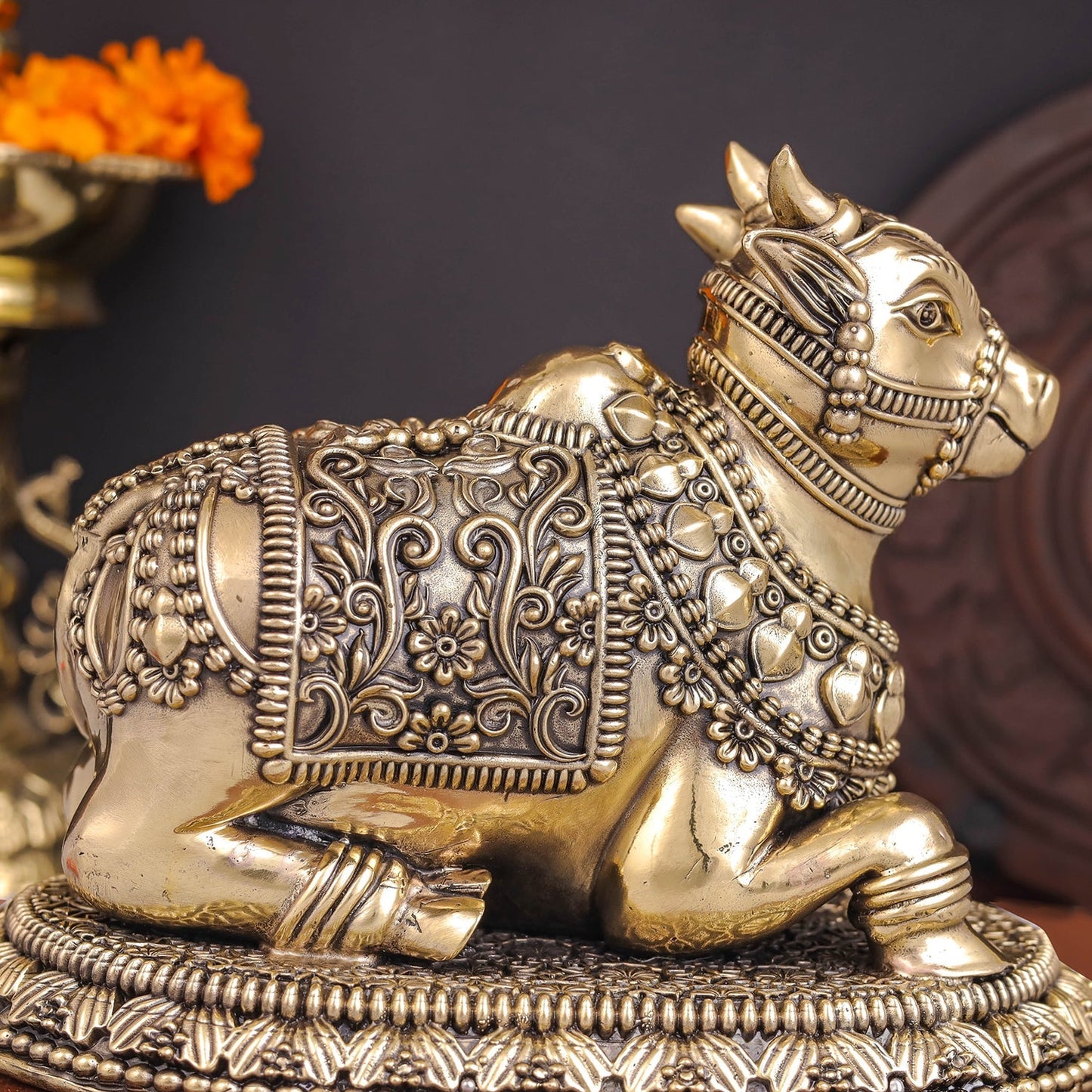 Brass Superfine Large Nandi with Intricate Carvings 8 Inches