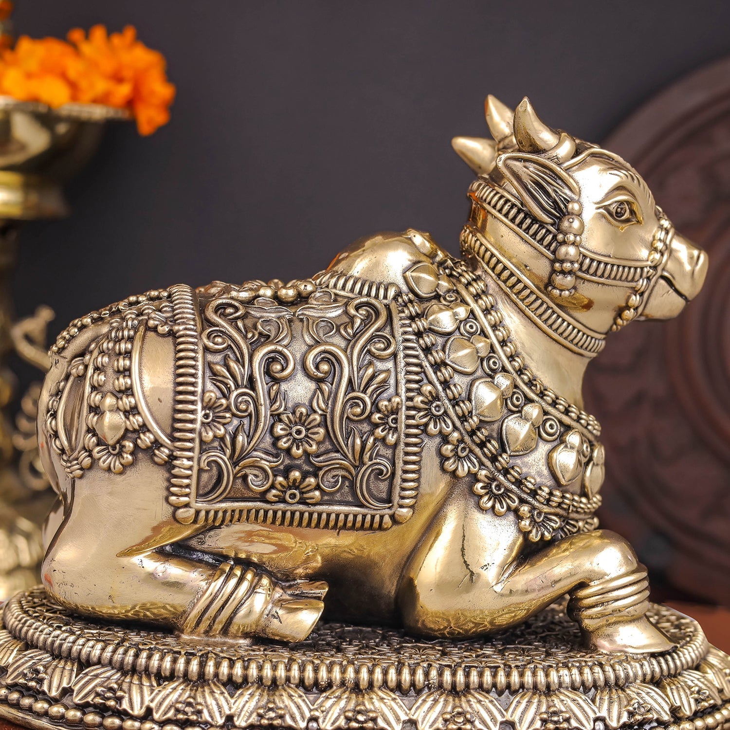 Brass Superfine Large Nandi with Intricate Carvings 8 Inches - Image 2