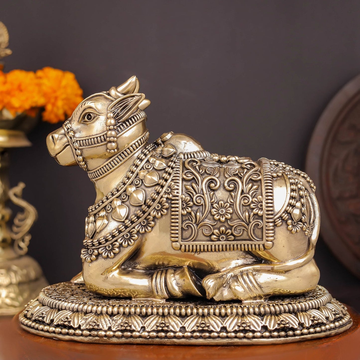 Brass Superfine Large Nandi with Intricate Carvings 8 Inches