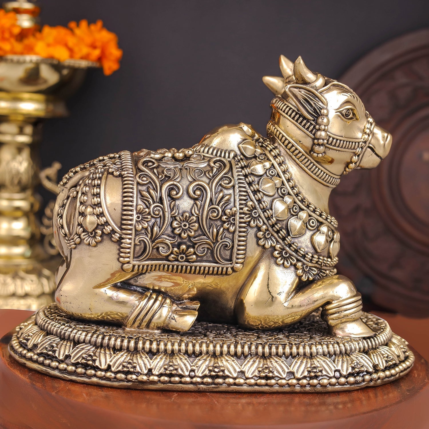 Brass Superfine Large Nandi with Intricate Carvings 8 Inches - Image 6
