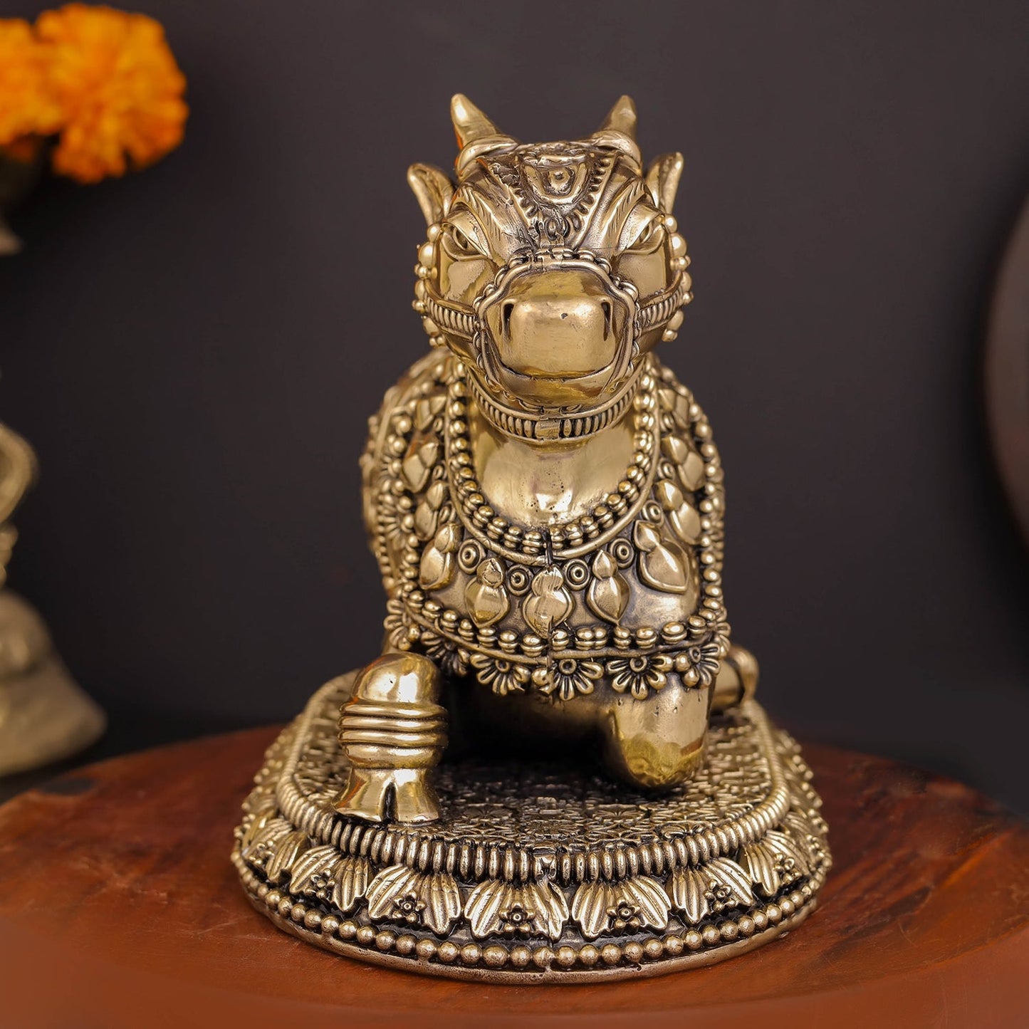 Brass Superfine Large Nandi with Intricate Carvings 8 Inches