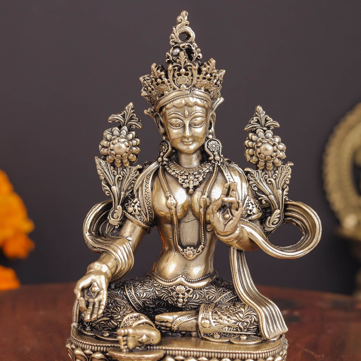 Brass Superfine Buddhist Goddess Green Tara Statue 4.5 Inches - Image 2