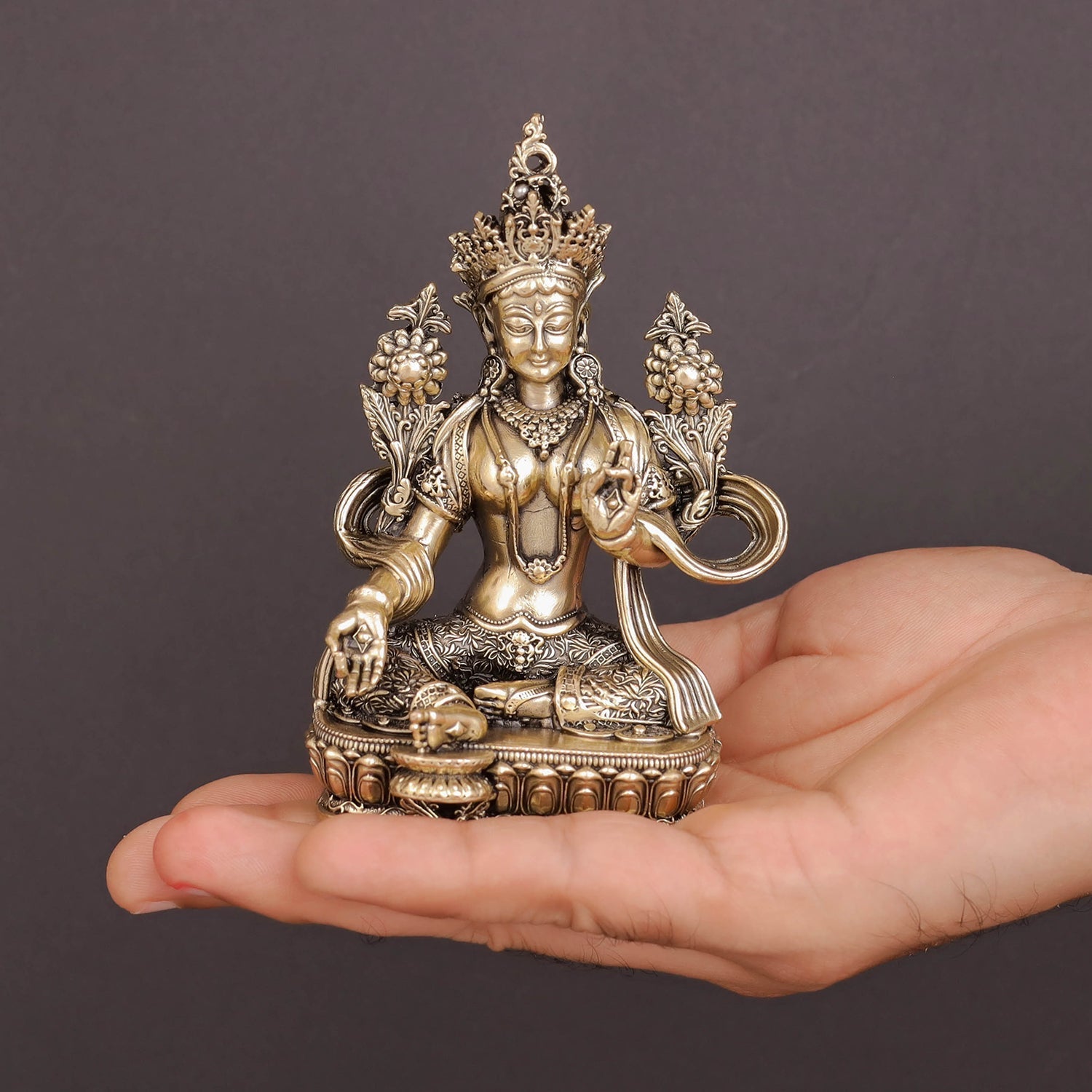 Brass Superfine Buddhist Goddess Green Tara Statue 4.5 Inches - Image 3
