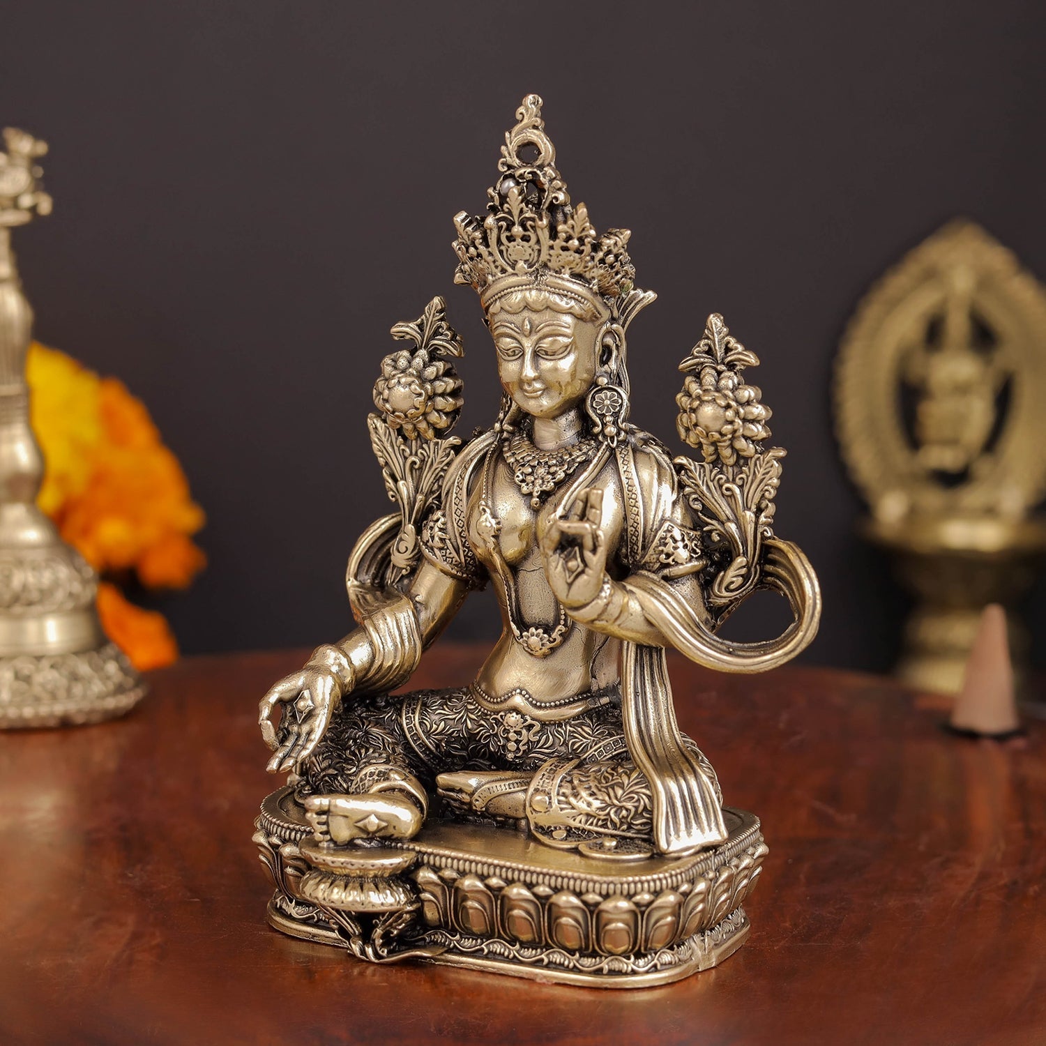 Brass Superfine Buddhist Goddess Green Tara Statue 4.5 Inches - Image 5