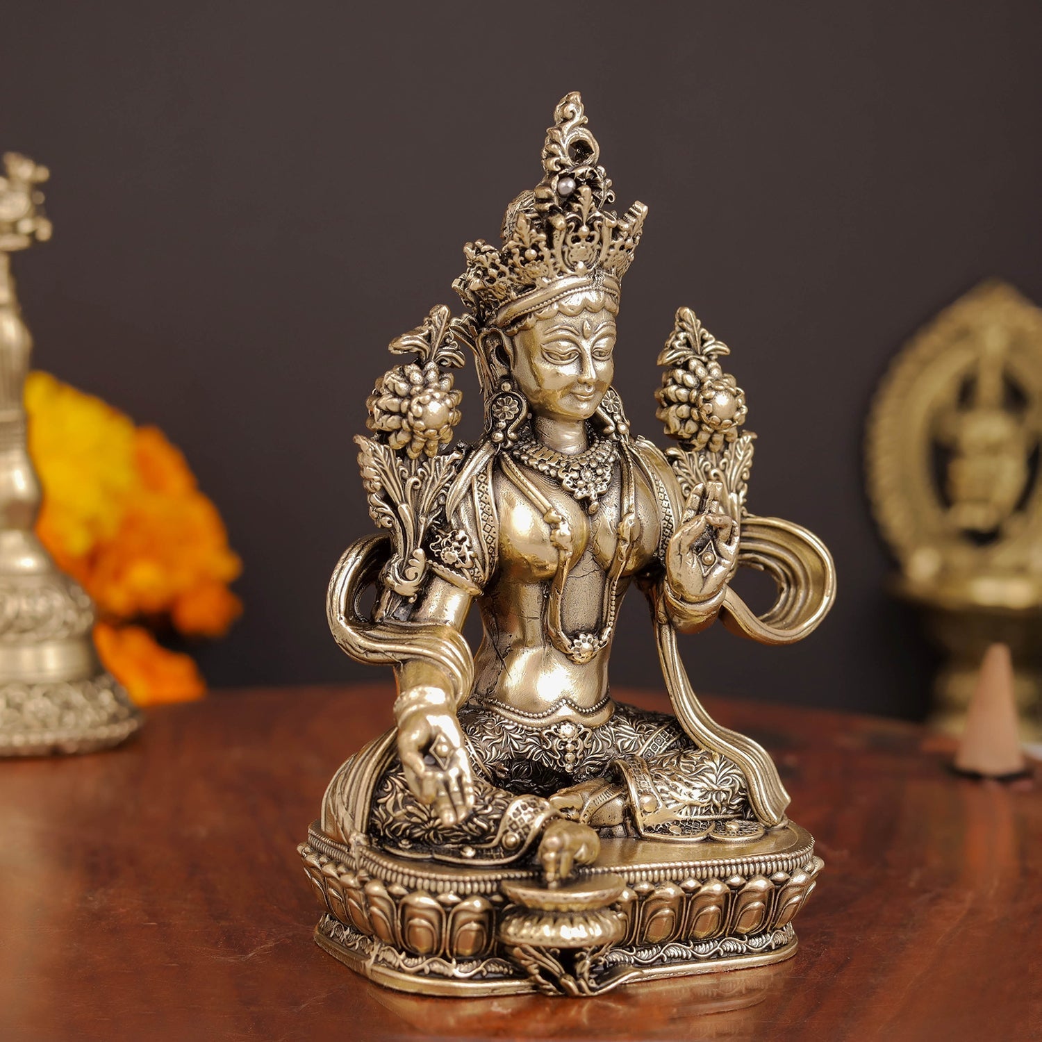 Brass Superfine Buddhist Goddess Green Tara Statue 4.5 Inches - Image 4