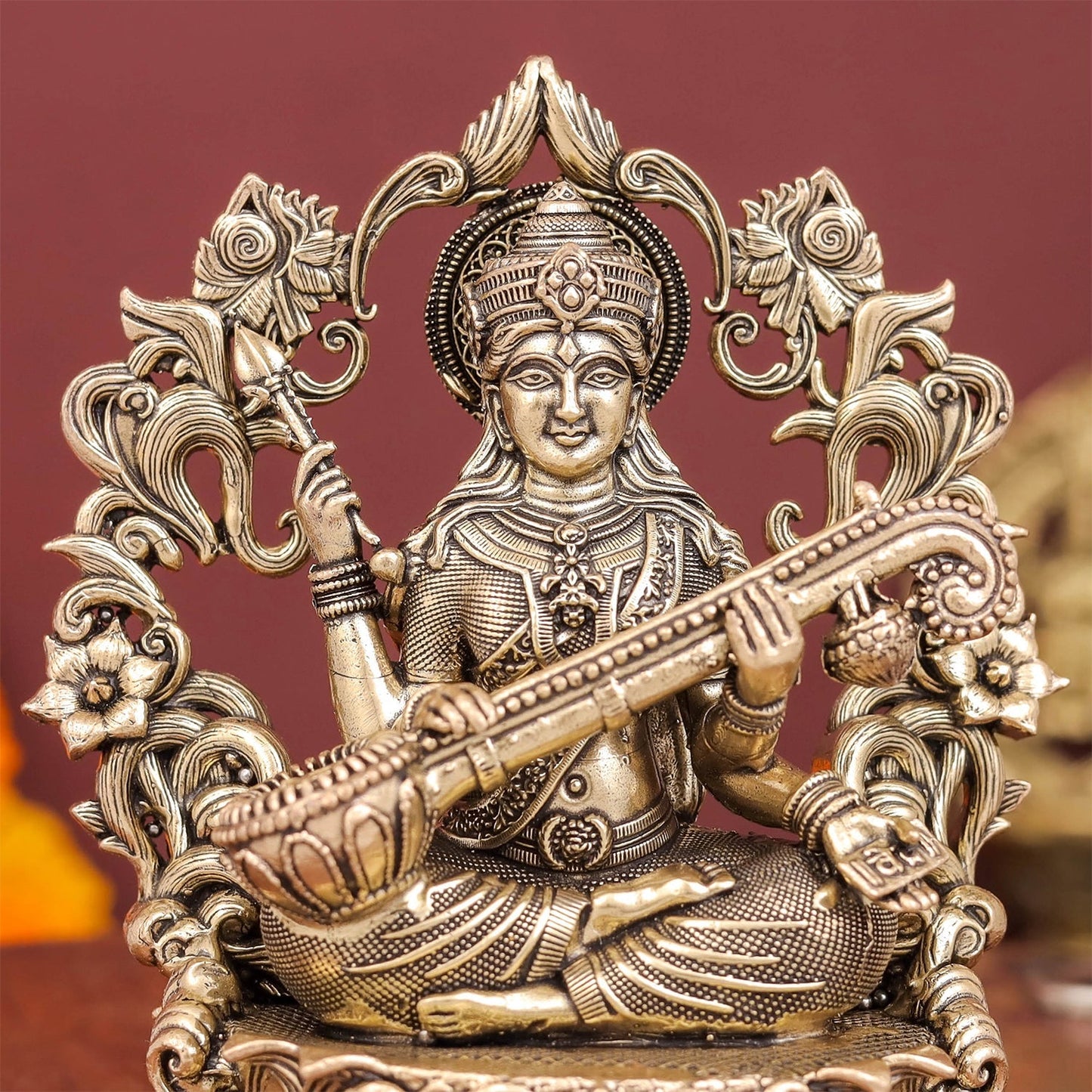 Brass Superfine Goddess Saraswati Idol with Floral Prabhavali 4 Inch