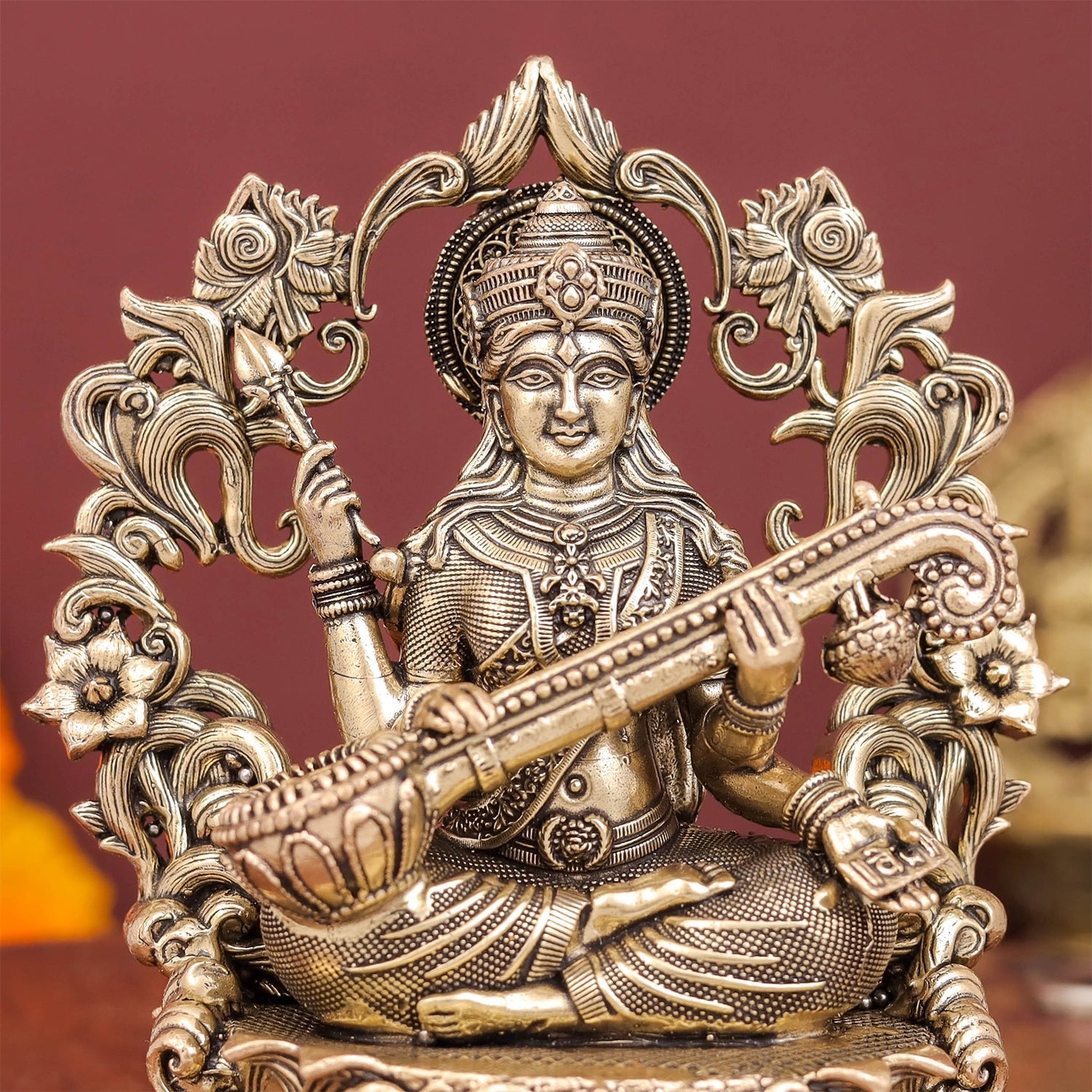 Brass Superfine Goddess Saraswati Idol with Floral Prabhavali 4 Inch - Image 2