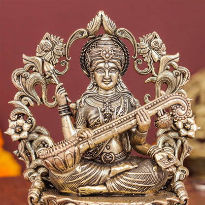 Brass Superfine Goddess Saraswati Idol with Floral Prabhavali 4 Inch by vendor-unknown - Hindu Gods (View 2)