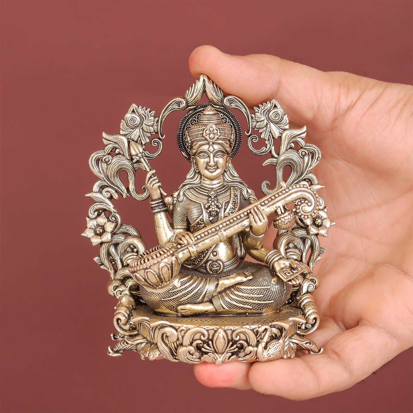 Brass Superfine Goddess Saraswati Idol with Floral Prabhavali 4 Inch