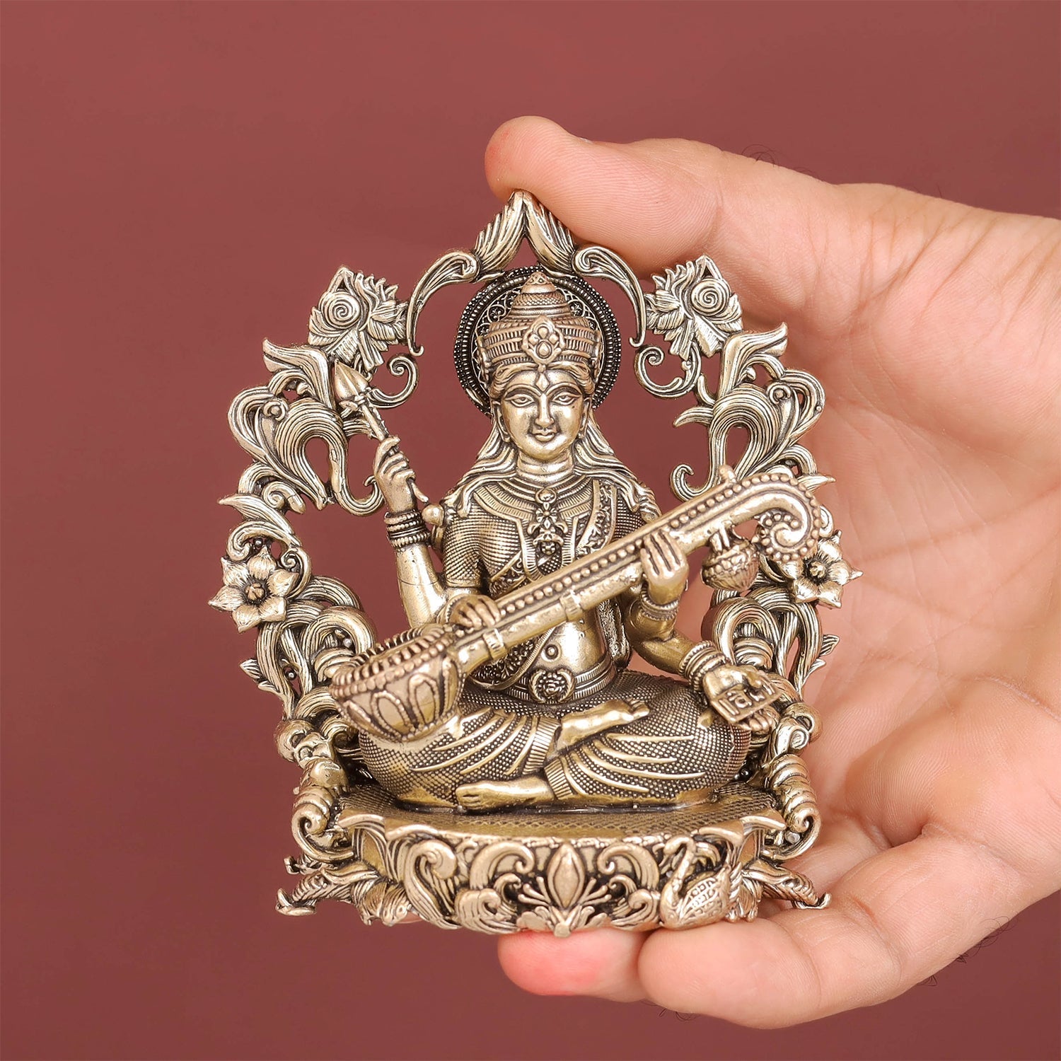Brass Superfine Goddess Saraswati Idol with Floral Prabhavali 4 Inch - Image 3