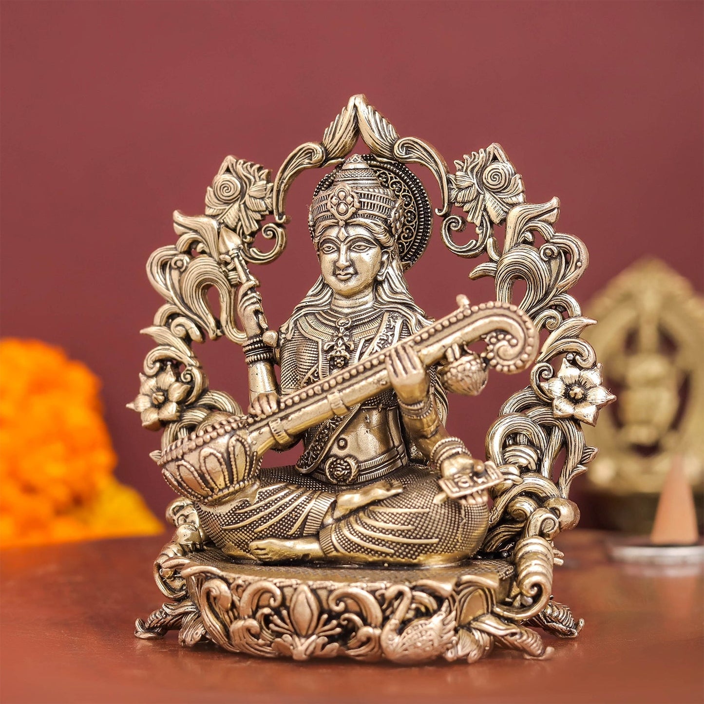 Brass Superfine Goddess Saraswati Idol with Floral Prabhavali 4 Inch