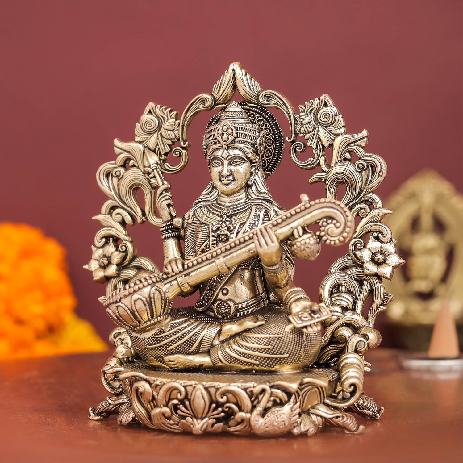 Brass Superfine Goddess Saraswati Idol with Floral Prabhavali 4 Inch - Image 4