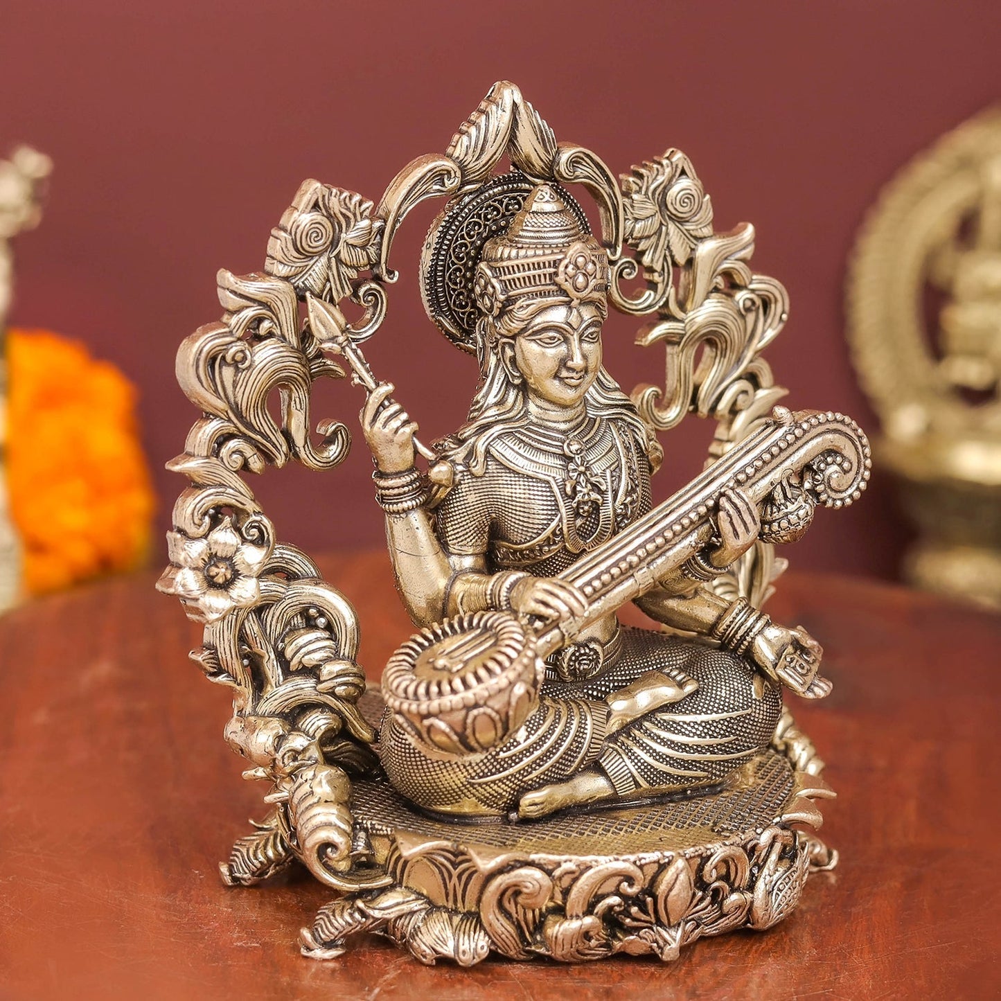 Brass Superfine Goddess Saraswati Idol with Floral Prabhavali 4 Inch