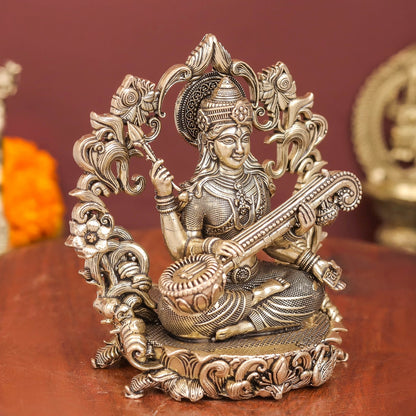Brass Superfine Goddess Saraswati Idol with Floral Prabhavali 4 Inch by vendor-unknown - Hindu Gods (View 5)