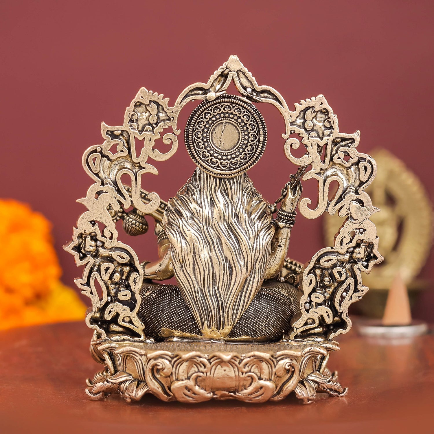 Brass Superfine Goddess Saraswati Idol with Floral Prabhavali 4 Inch - Image 6