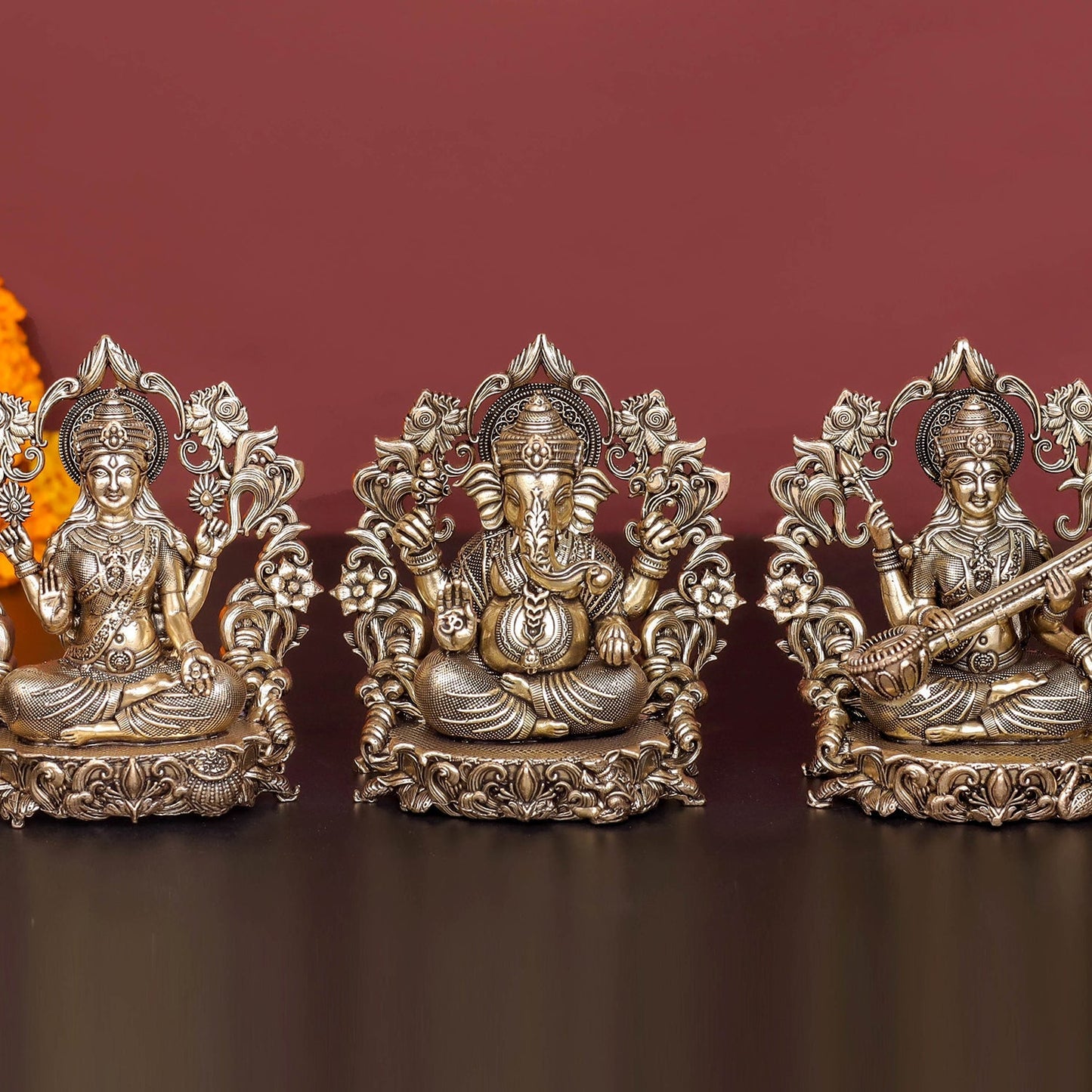 Brass Antique Ganesha, Lakshmi, Saraswati Idol 4''