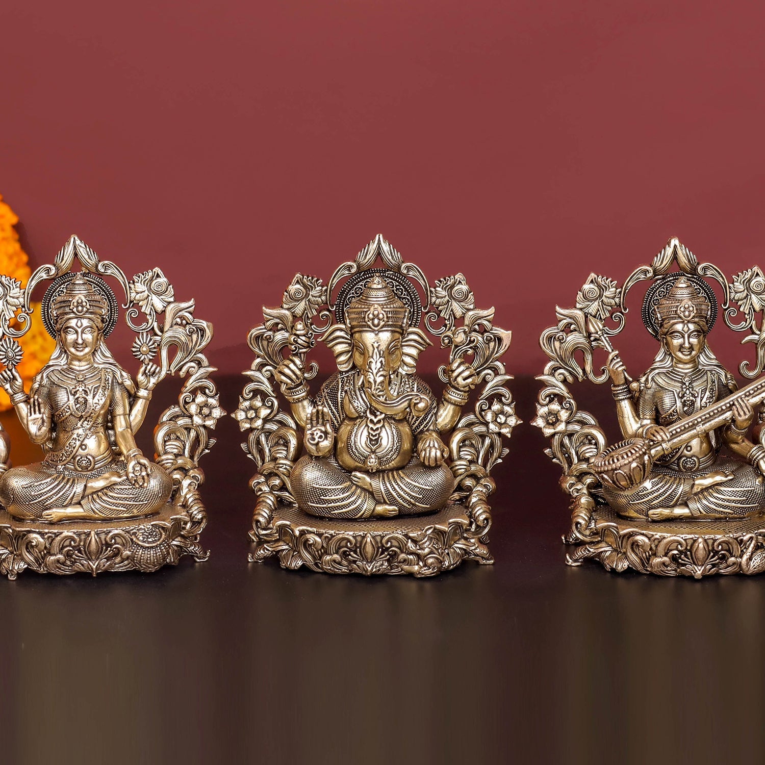 Brass Antique Ganesha, Lakshmi, Saraswati Idol 4'' - Image 2