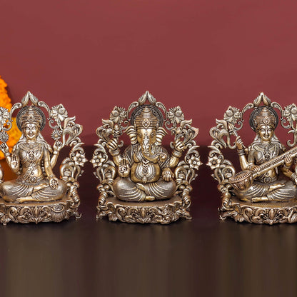 Brass Antique Ganesha, Lakshmi, Saraswati Idol 4'' by vendor-unknown - Hindu Gods (View 2)