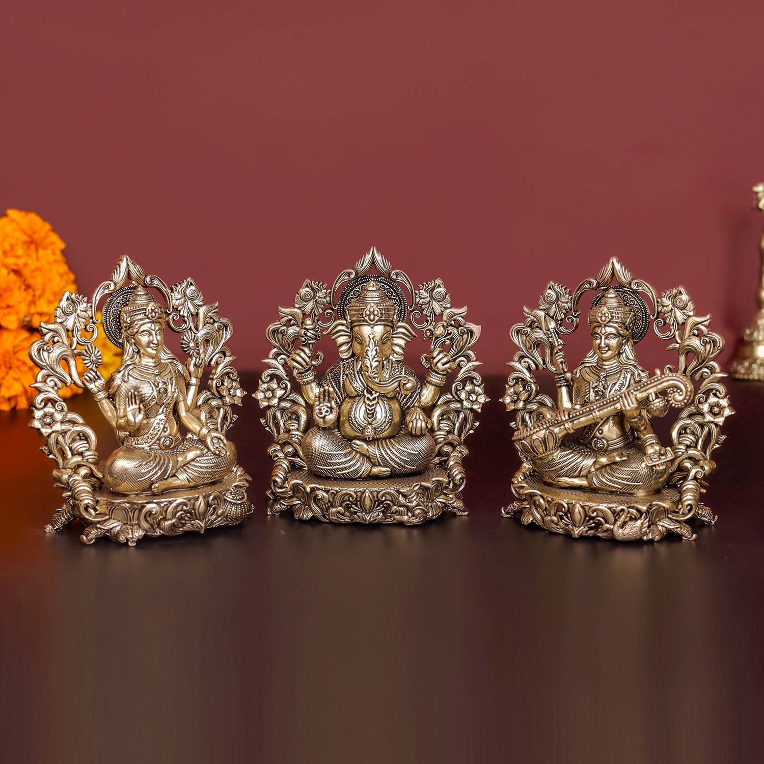 Brass Antique Ganesha, Lakshmi, Saraswati Idol 4'' - Image 3