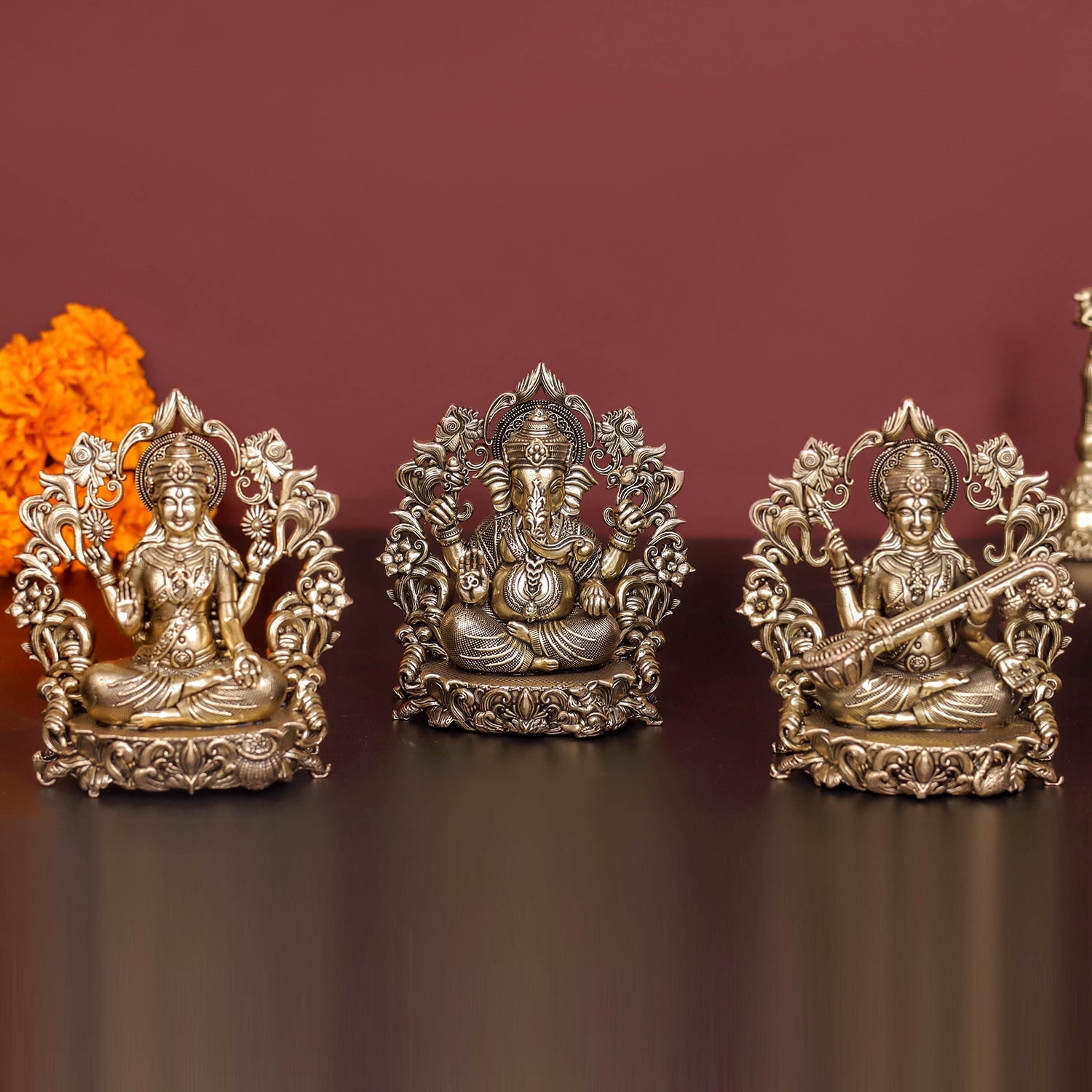 Brass Antique Ganesha, Lakshmi, Saraswati Idol 4'' - Image 4