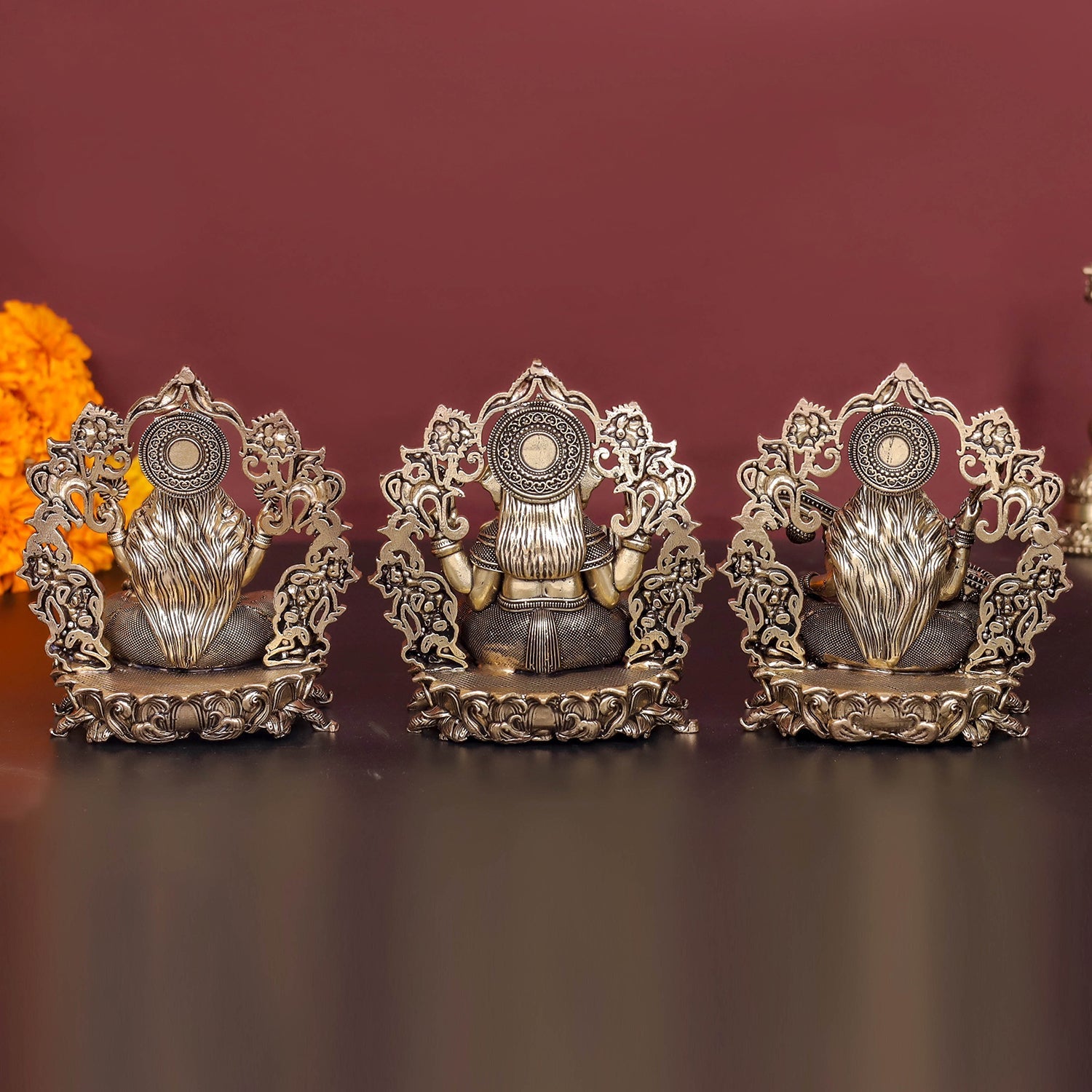 Brass Antique Ganesha, Lakshmi, Saraswati Idol 4'' - Image 5