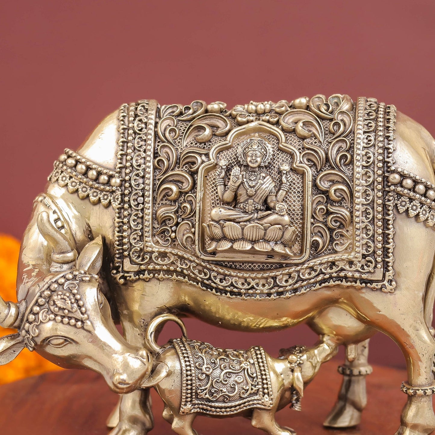 Brass Antique Kamdhenu with Lakshmi Ganesha Statue 6"