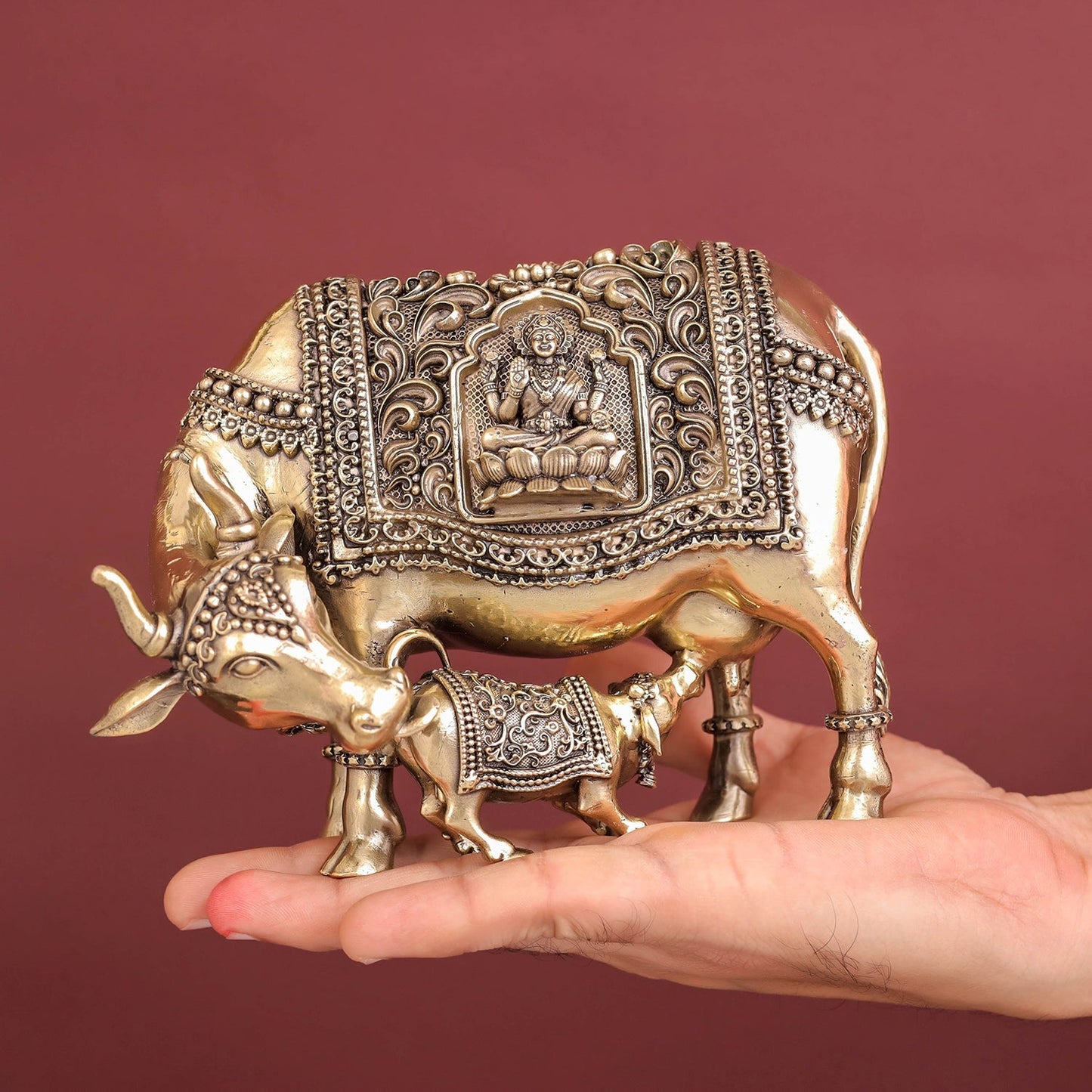 Brass Antique Kamdhenu with Lakshmi Ganesha Statue 6"